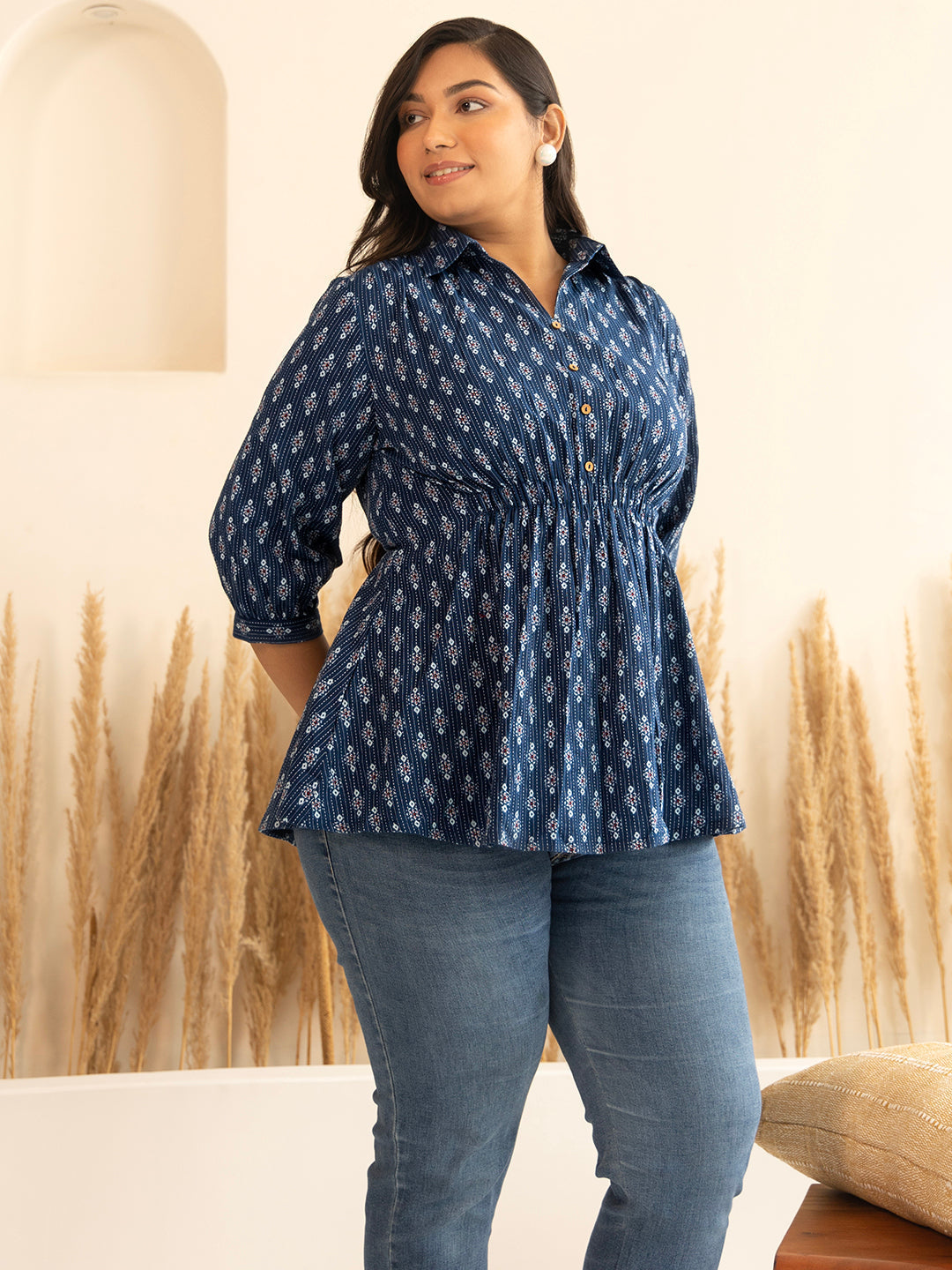 Janasya Dark Blue Cotton Ethnic Motifs A-Line Top 