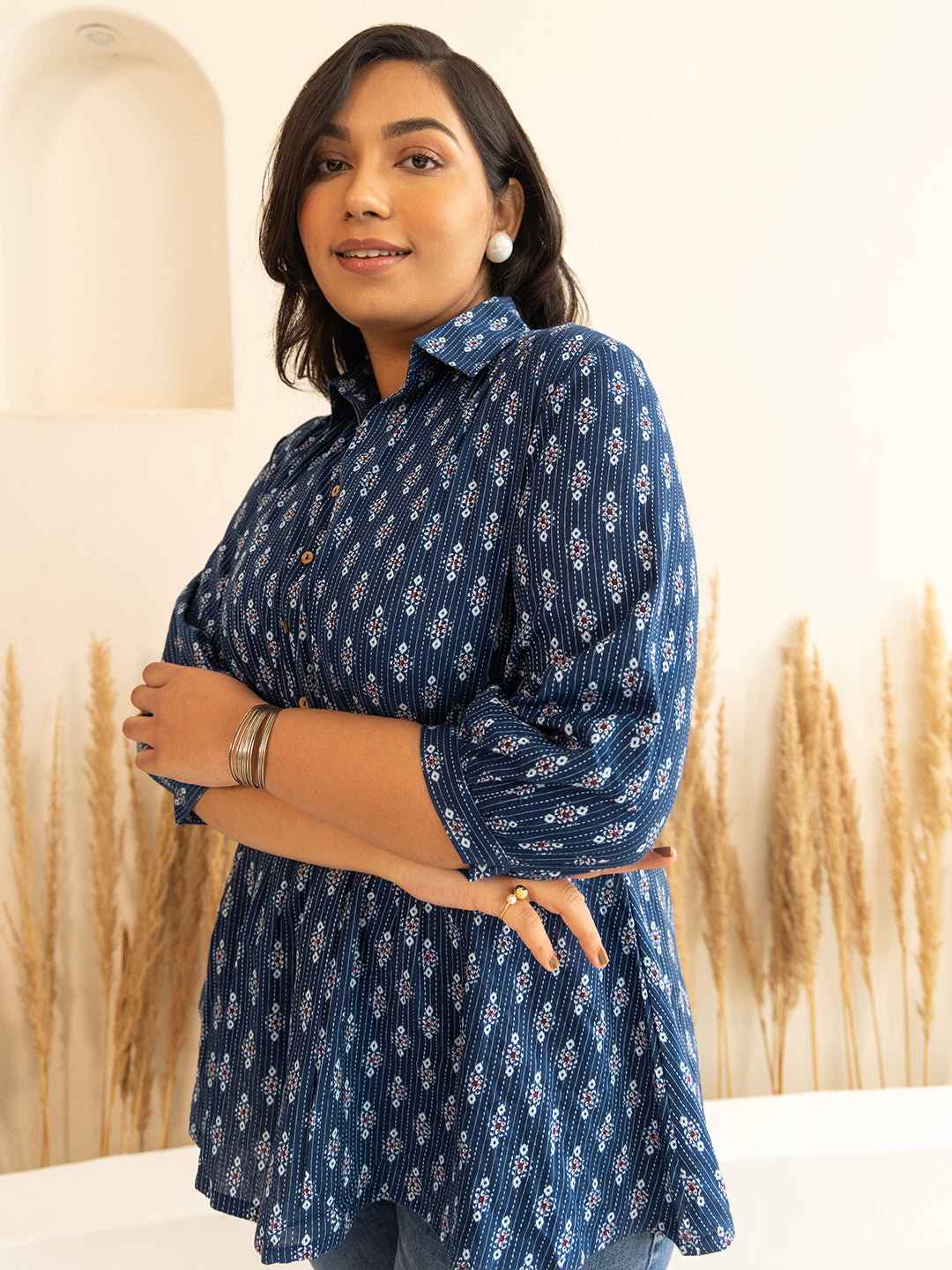 Janasya Dark Blue Cotton Ethnic Motifs A-Line Top 