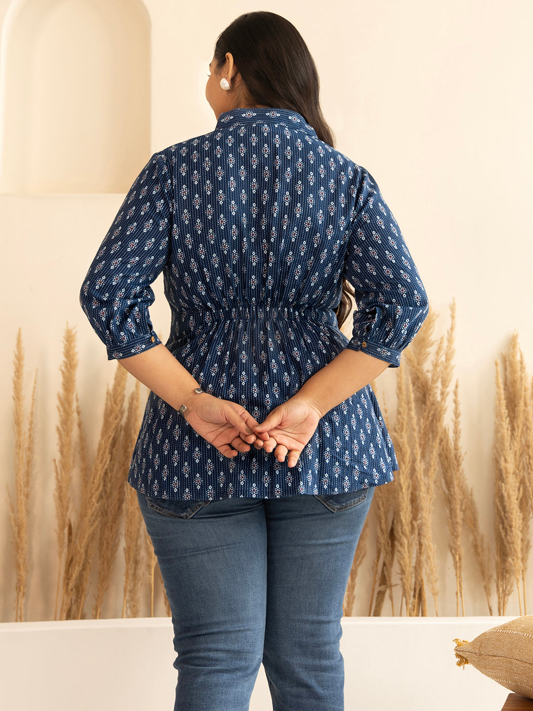 Janasya Dark Blue Cotton Ethnic Motifs A-Line Top 