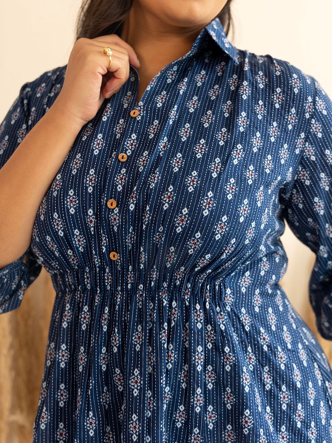 Janasya Dark Blue Cotton Ethnic Motifs A-Line Top 