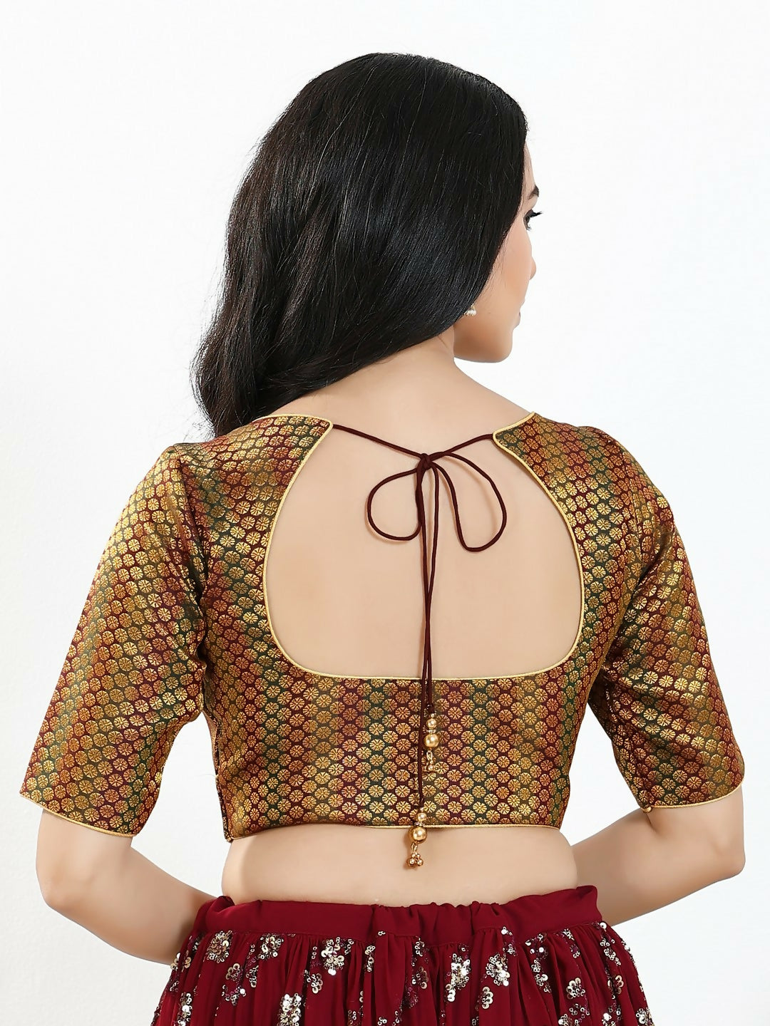 Joban Fashion Dark Maroon Brocade Padded Blouse With Sweetheart Neck Elbow Sleeves