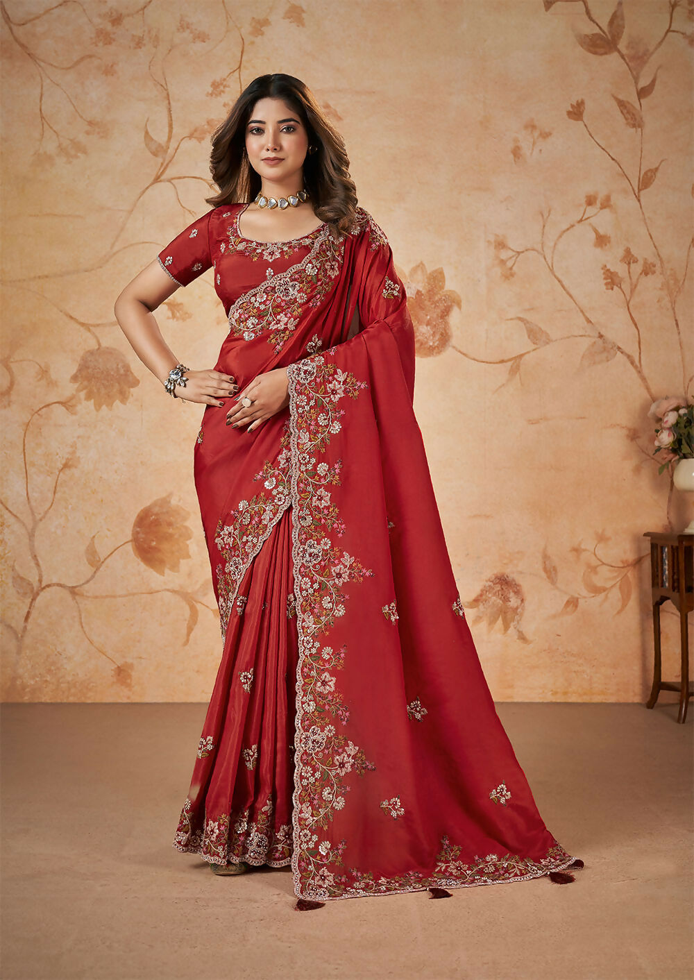 Red Upada Silk Sequence & Cord Embroidered with Stone Work Saree - Mohmanthan Dakshika