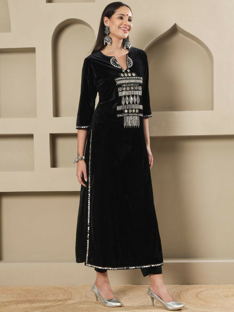 Joban Fashion Women Black Velvet Hand Embellishment Stitched Kurta Set