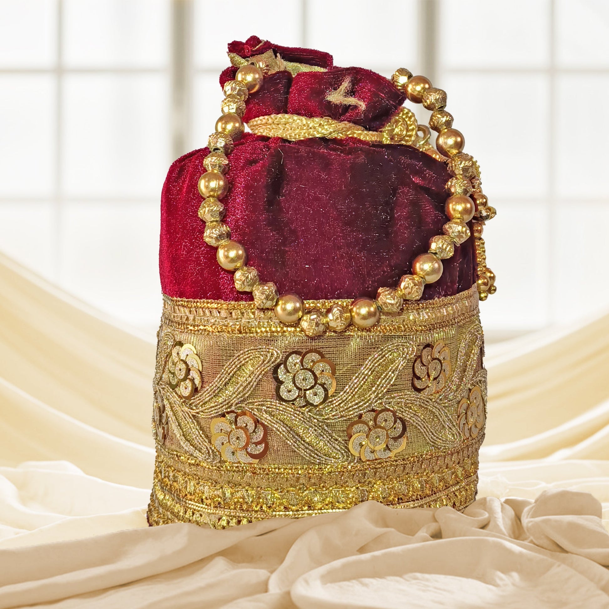 JS Fashion Silk Designer Potli Bag for Women with Golden Embroidery & Pearl Handle