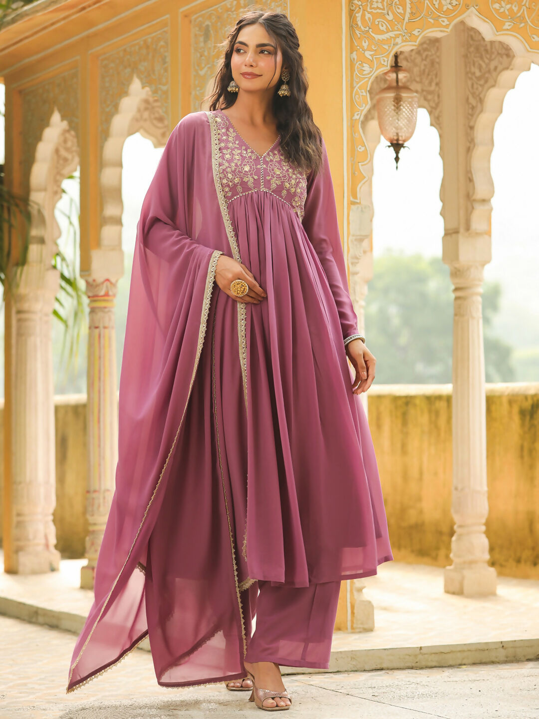Janasya Lavender Georgette Yoke Embroidery Kurta,Bottom & Dupatta 