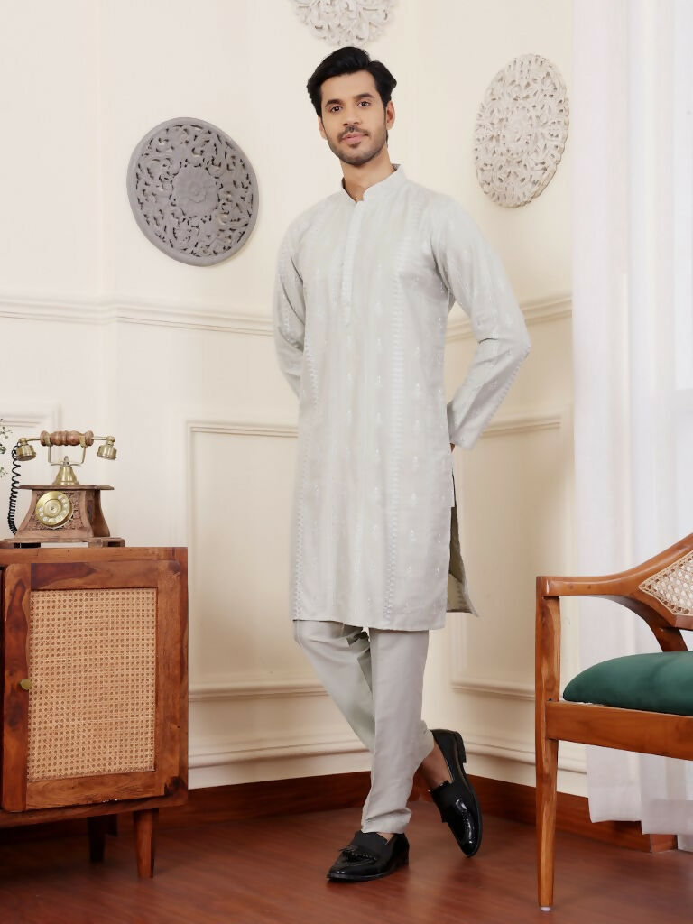 Light Green Silk Designer Embroidery Work Men's Rajwadi Kurta Set - Mahotsav