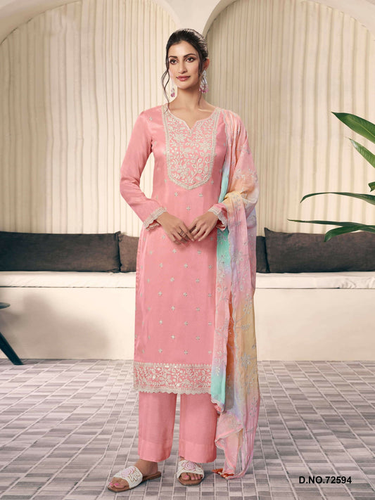 Anaita Peach Moonga Silk Stitched Suit with Embroidery Sequence Work