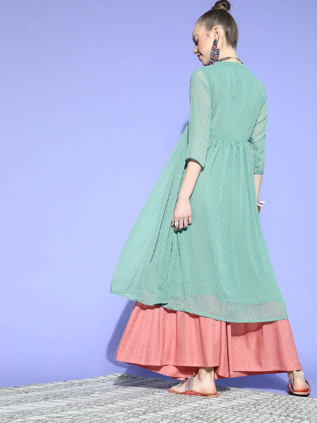 Janasya Women Green Woven Design Dobby Weave Kurta
