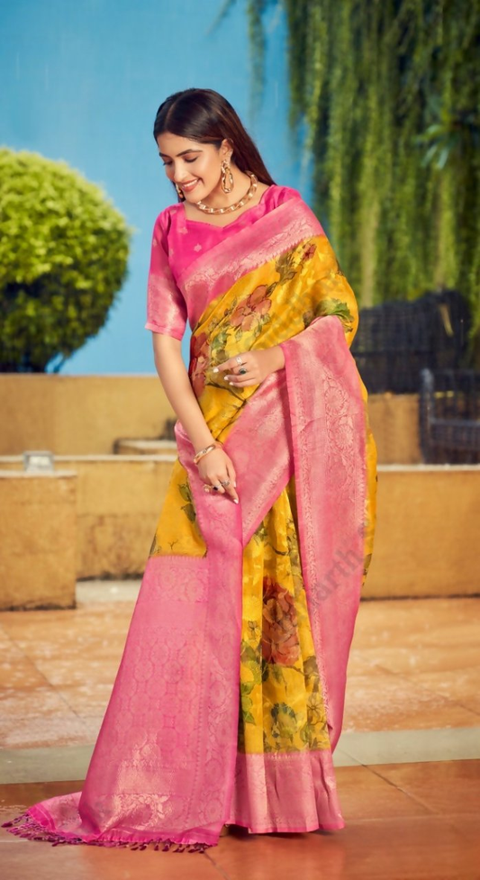 Exclusive Collection Wedding Pink Yellow Collection Banarasi Silk Grab2Buy With Rich Pallu