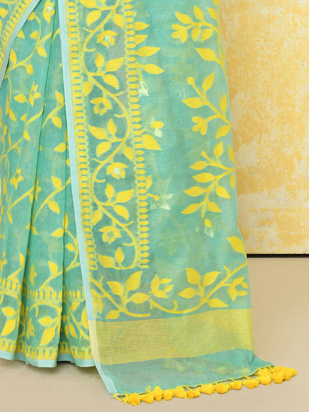 Piyari Fashion Women's Light Turquoise Cotton Silk Jamdani Saree