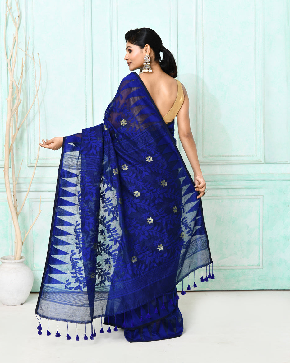 Piyari Fashion Women's Blue Cotton Silk Jamdani Saree