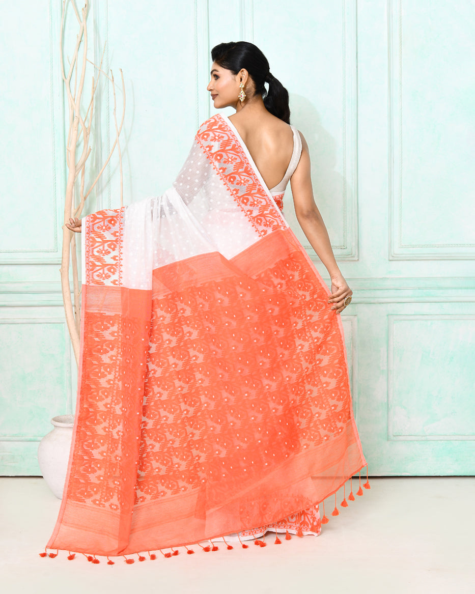 Piyari Fashion Women's White Orange Cotton Silk Jamdani Saree