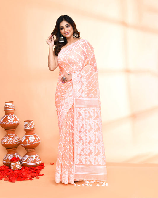 Piyari Fashion Women's Salmon Cotton Silk Jamdani Saree
