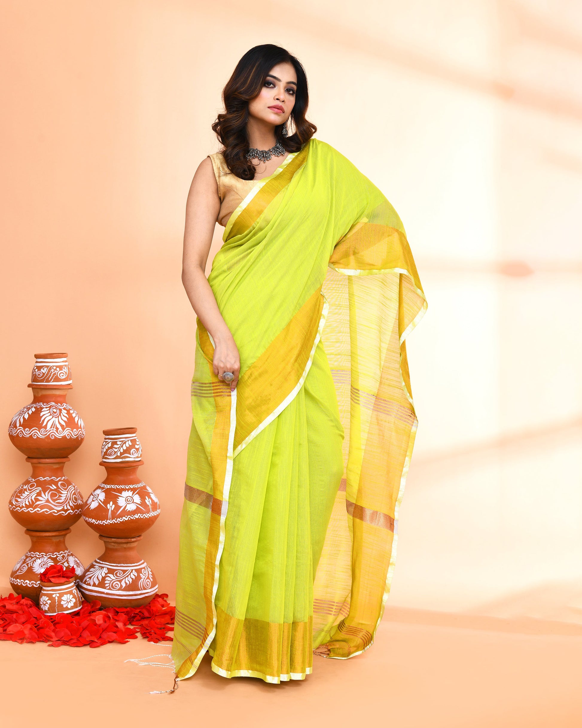 Piyari Fashion Women`s Cotton Silk Lemon Handloom Saree With Blouse