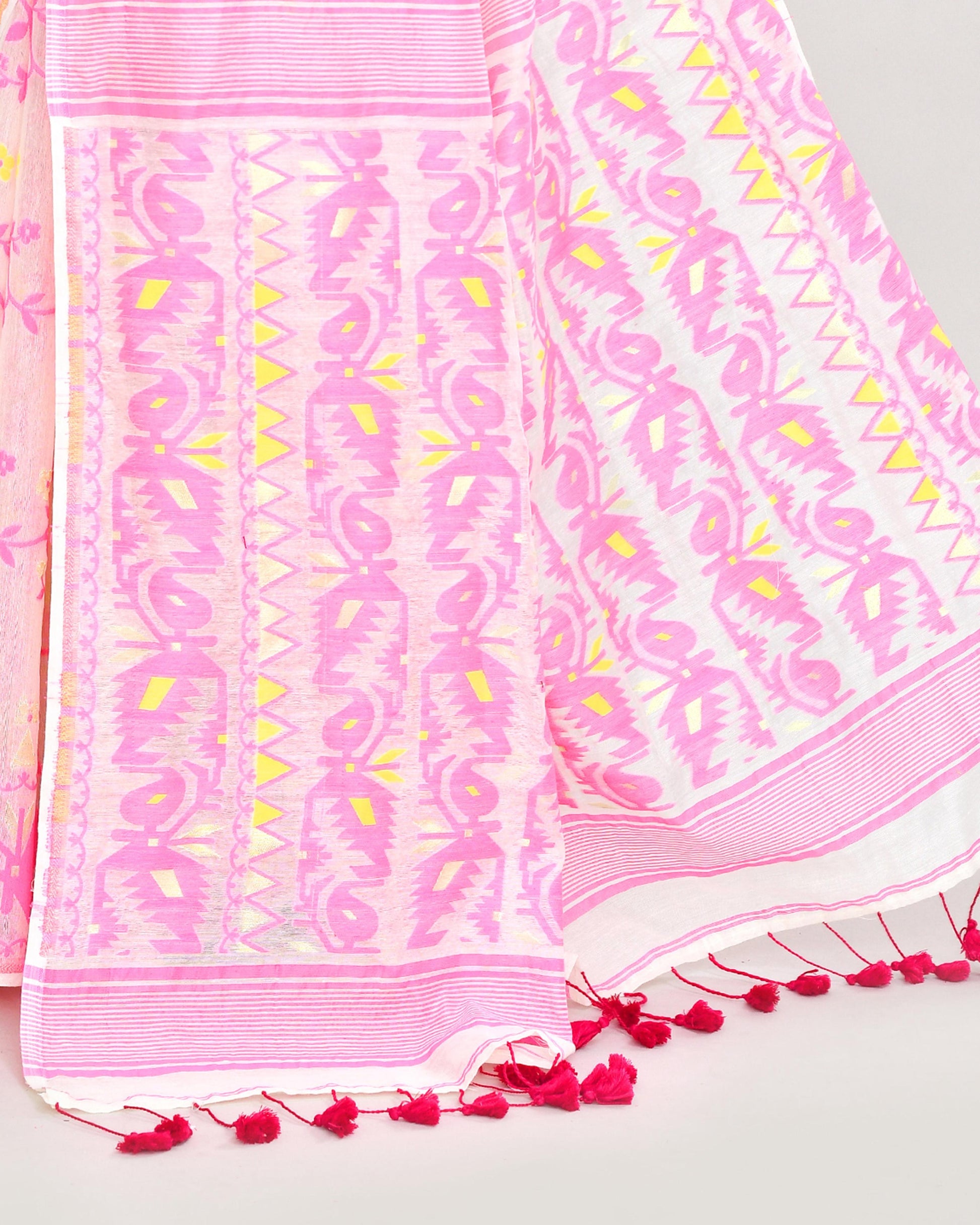 Piyari Fashion Women's Off White Pink Cotton Silk Jamdani Saree