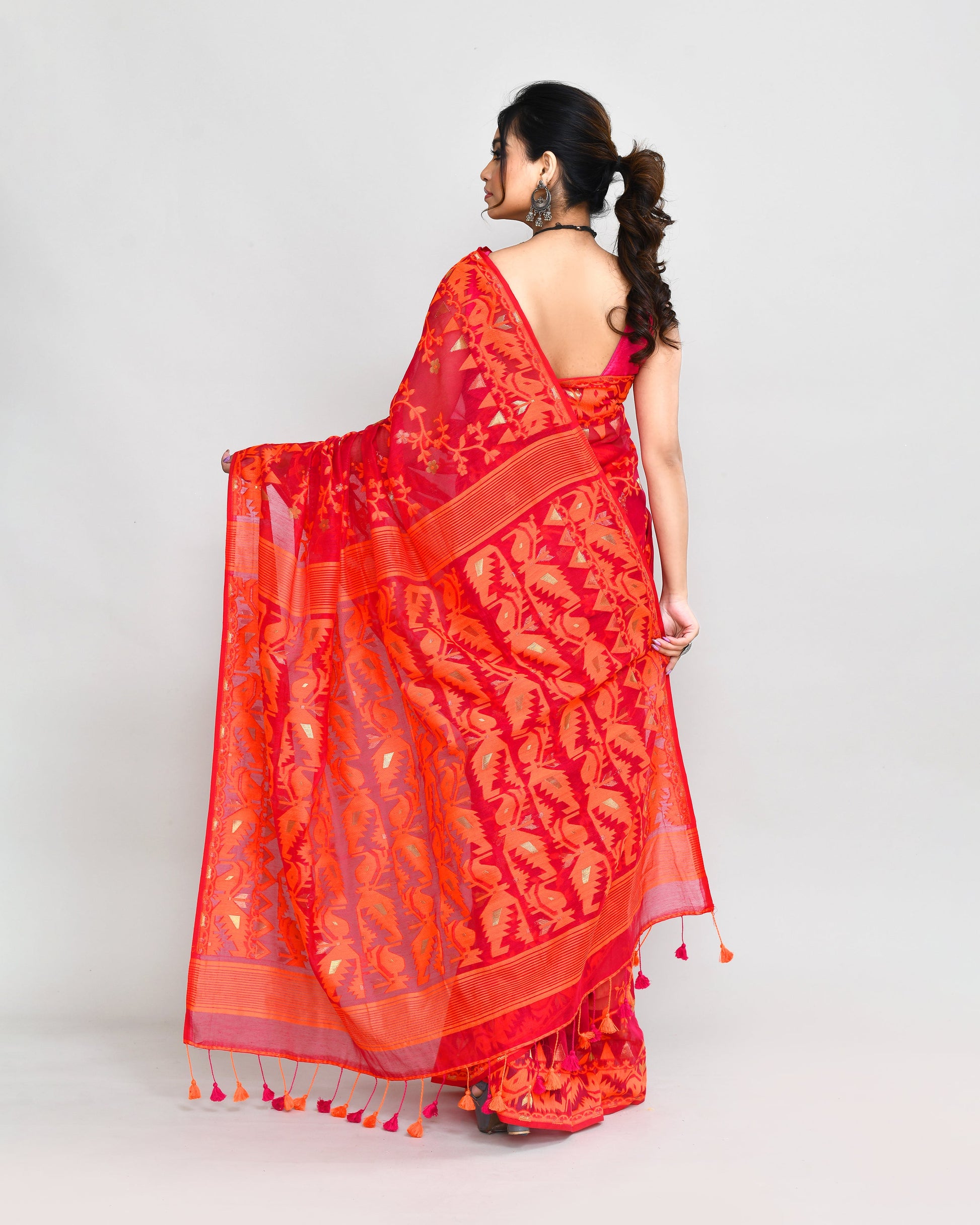 Piyari Fashion Women's Rani Orange Cotton Silk Jamdani Saree
