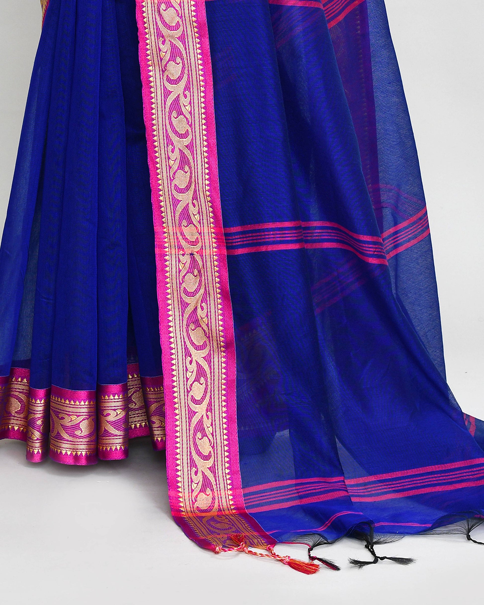 Piyari Fashion Women`s Cotton Silk Royel Blue Handloom Saree With Blouse