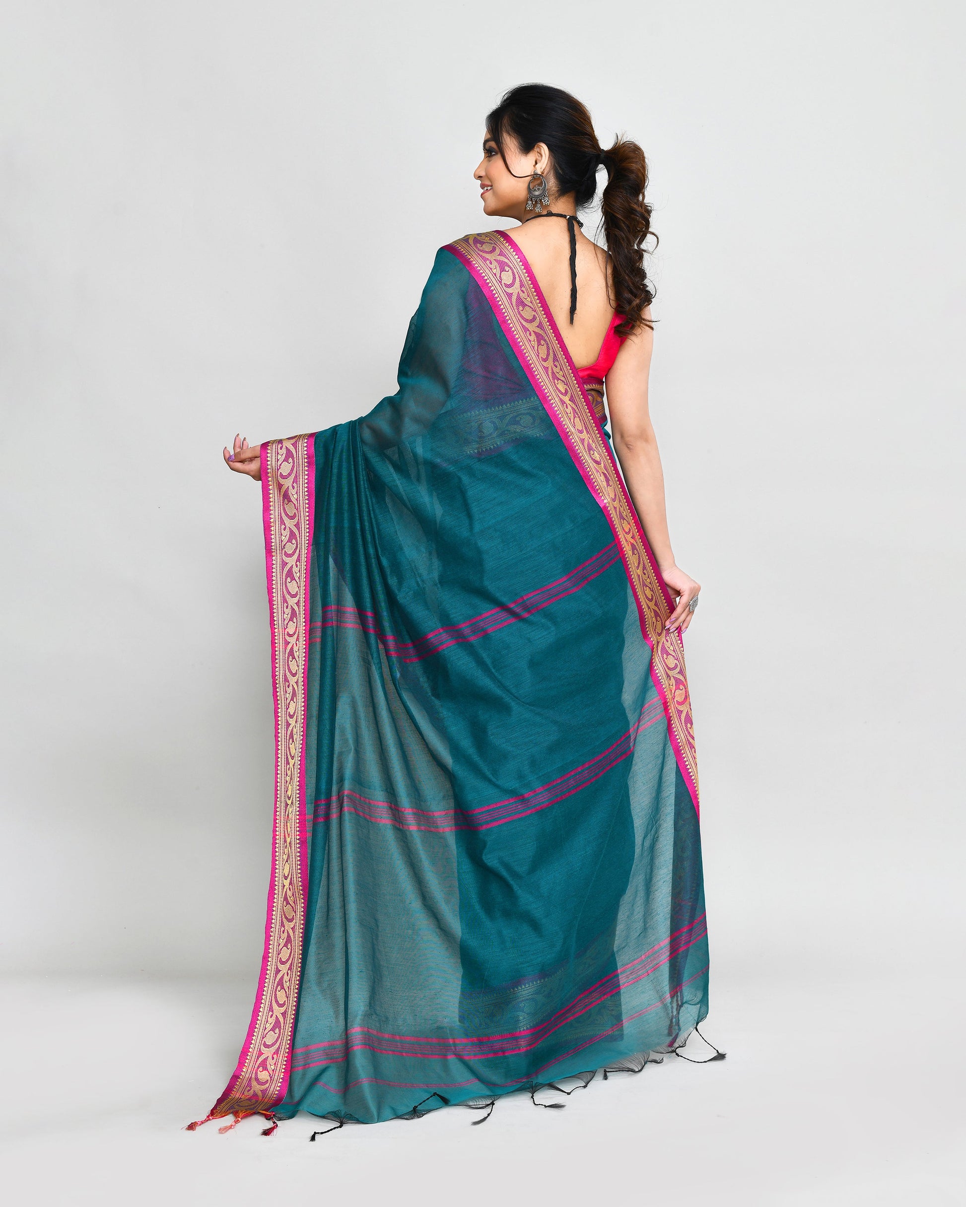Piyari Fashion Women`s Cotton Silk Teal Handloom Saree With Blouse