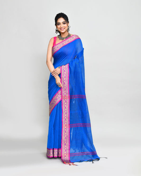 Piyari Fashion Women`s Cotton Silk Blue Handloom Saree With Blouse