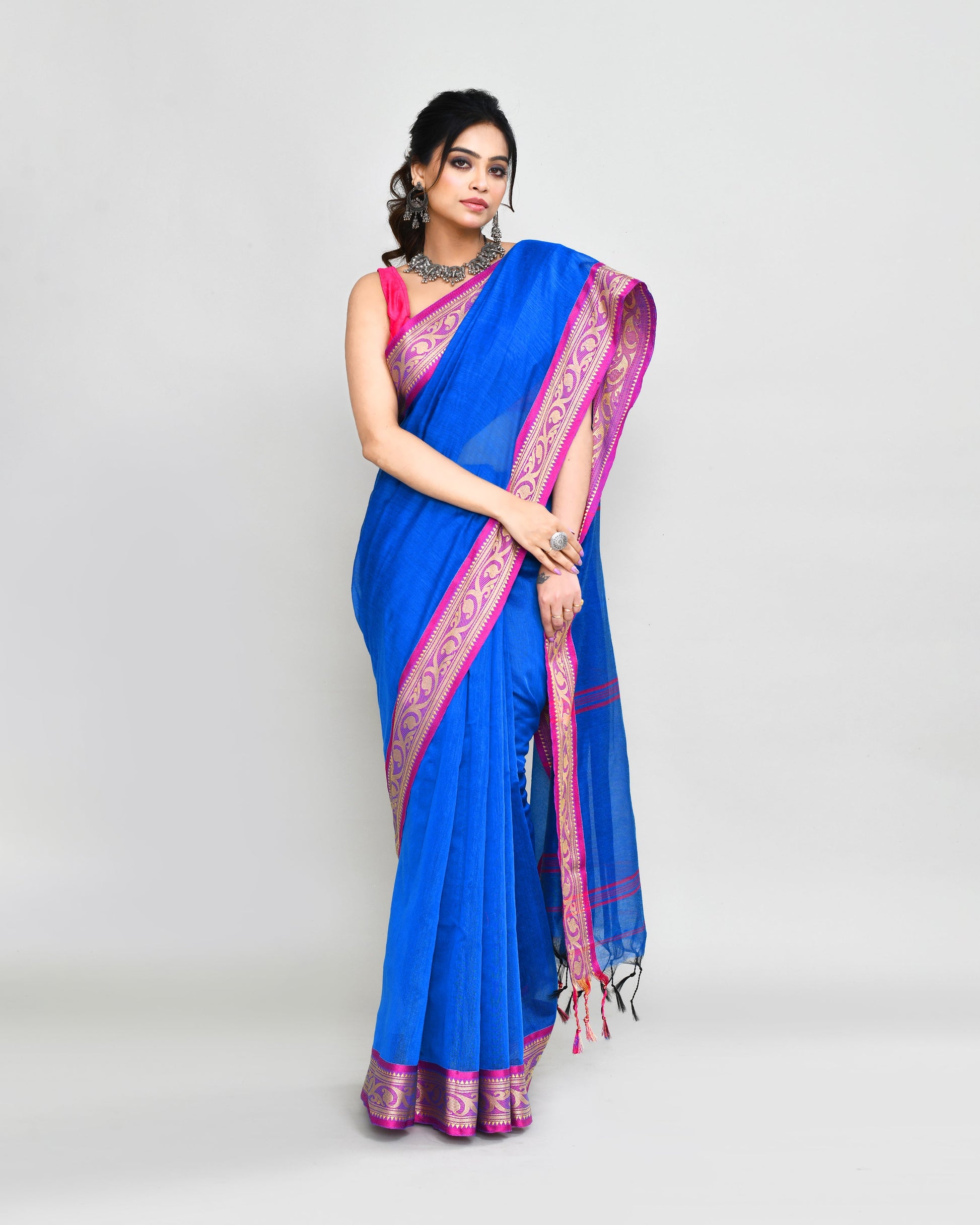 Piyari Fashion Women`s Cotton Silk Blue Handloom Saree With Blouse