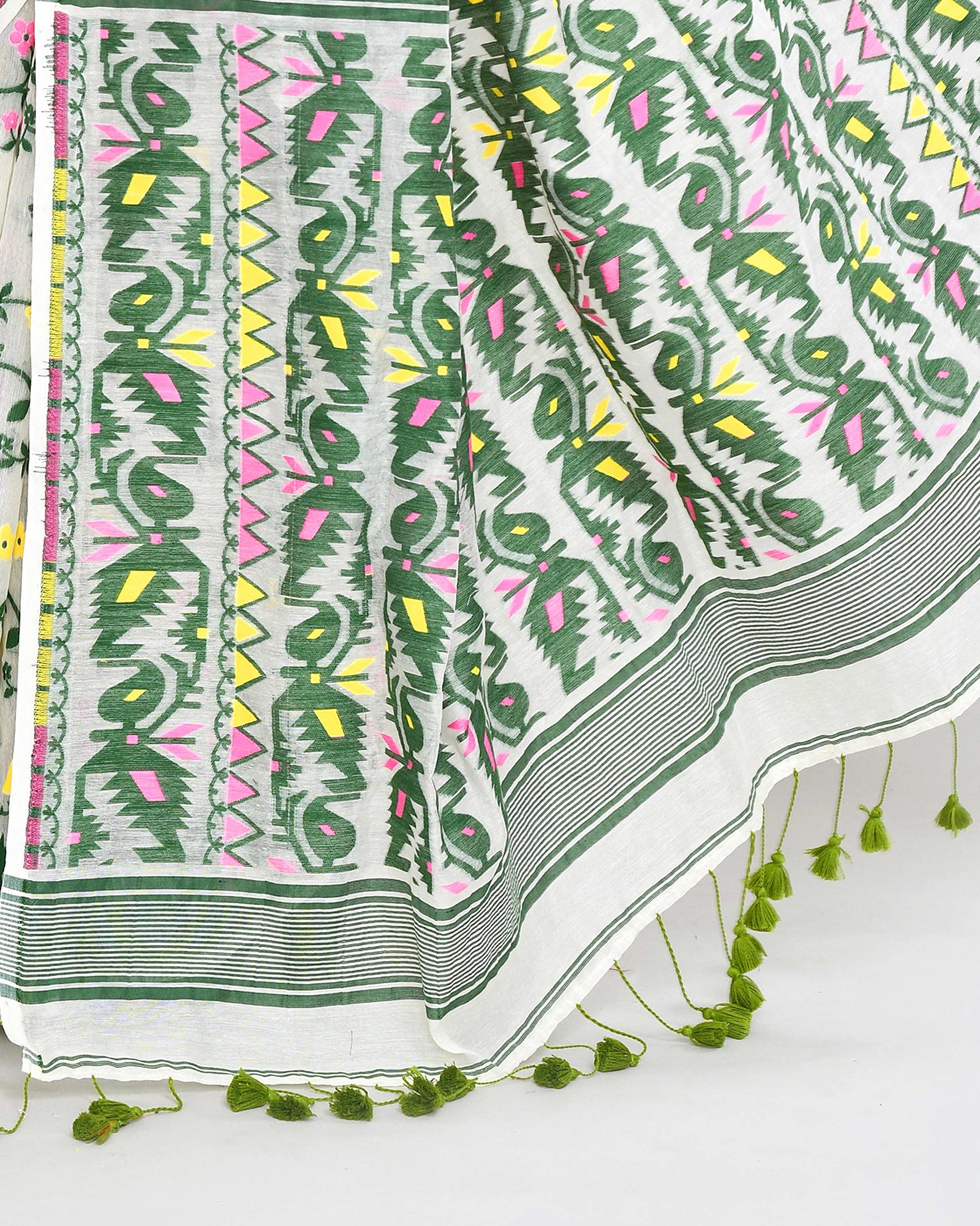 Piyari Fashion Women's Off White Green Cotton Silk Jamdani Saree