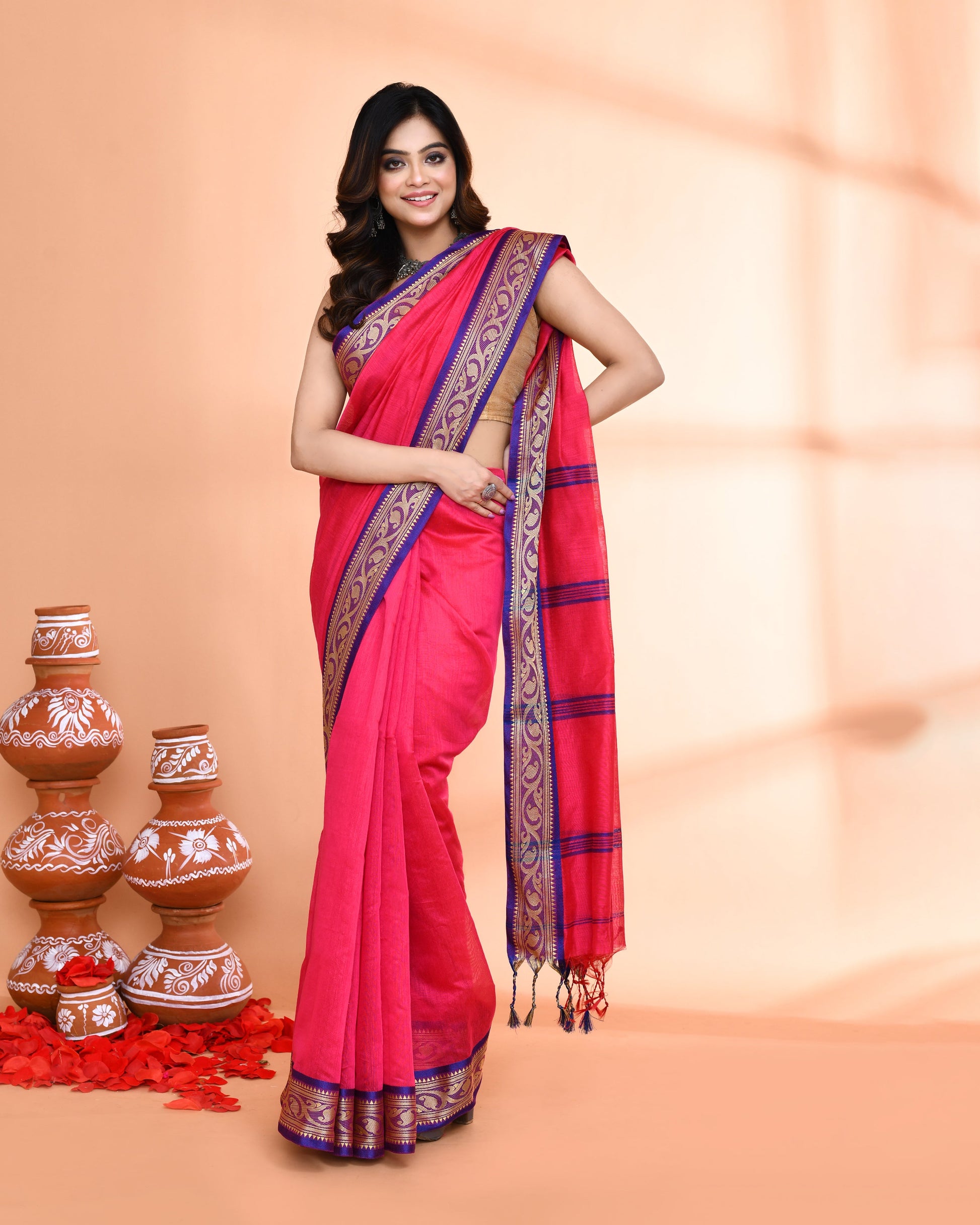 Piyari Fashion Women`s Cotton Silk Rose Handloom Saree With Blouse