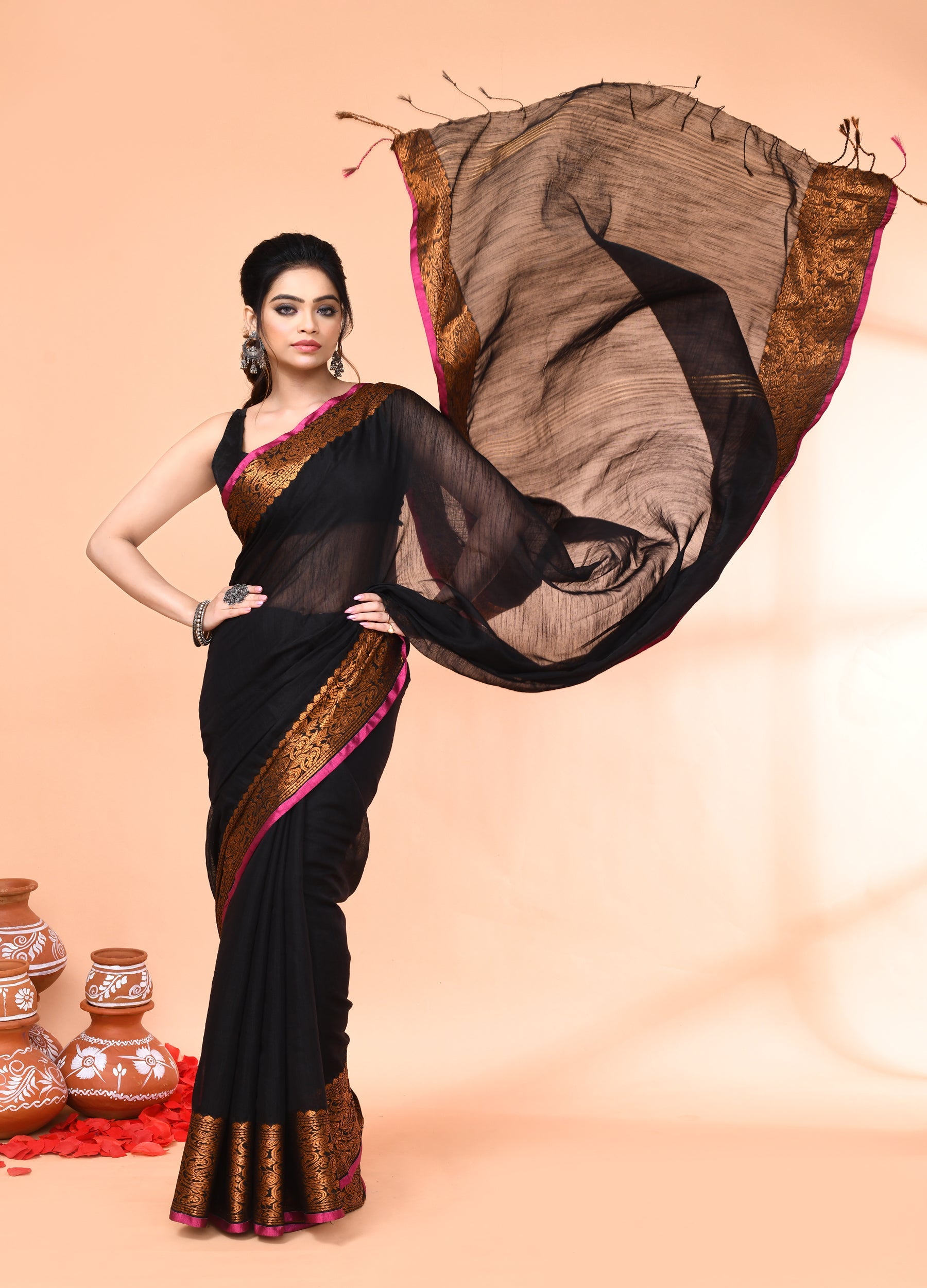 Piyari Fashion Women`s Cotton Blend Black Handloom Saree With Blouse