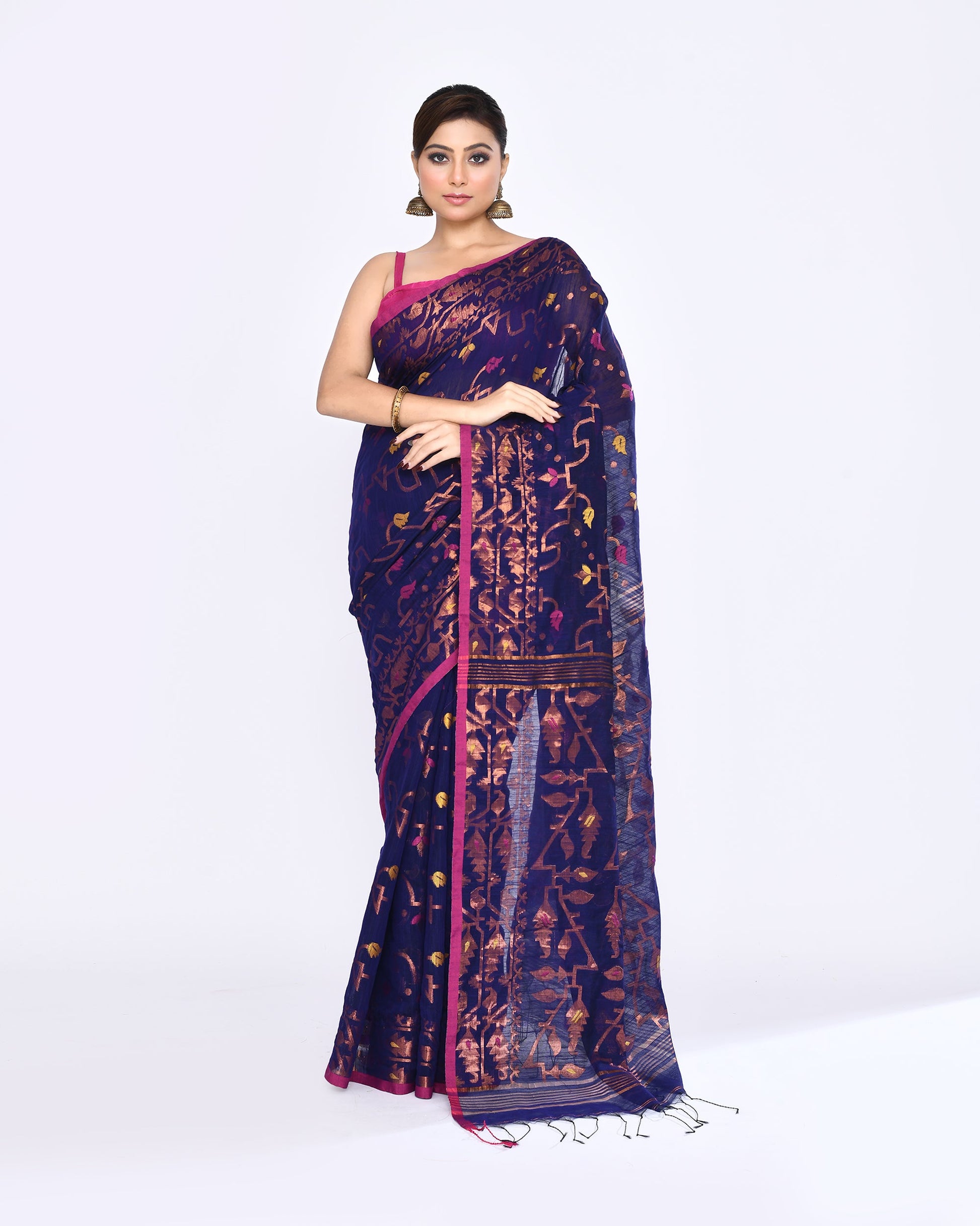 Piyari Fashion Women's Blue Embellished Cotton Blend Jamdani Saree