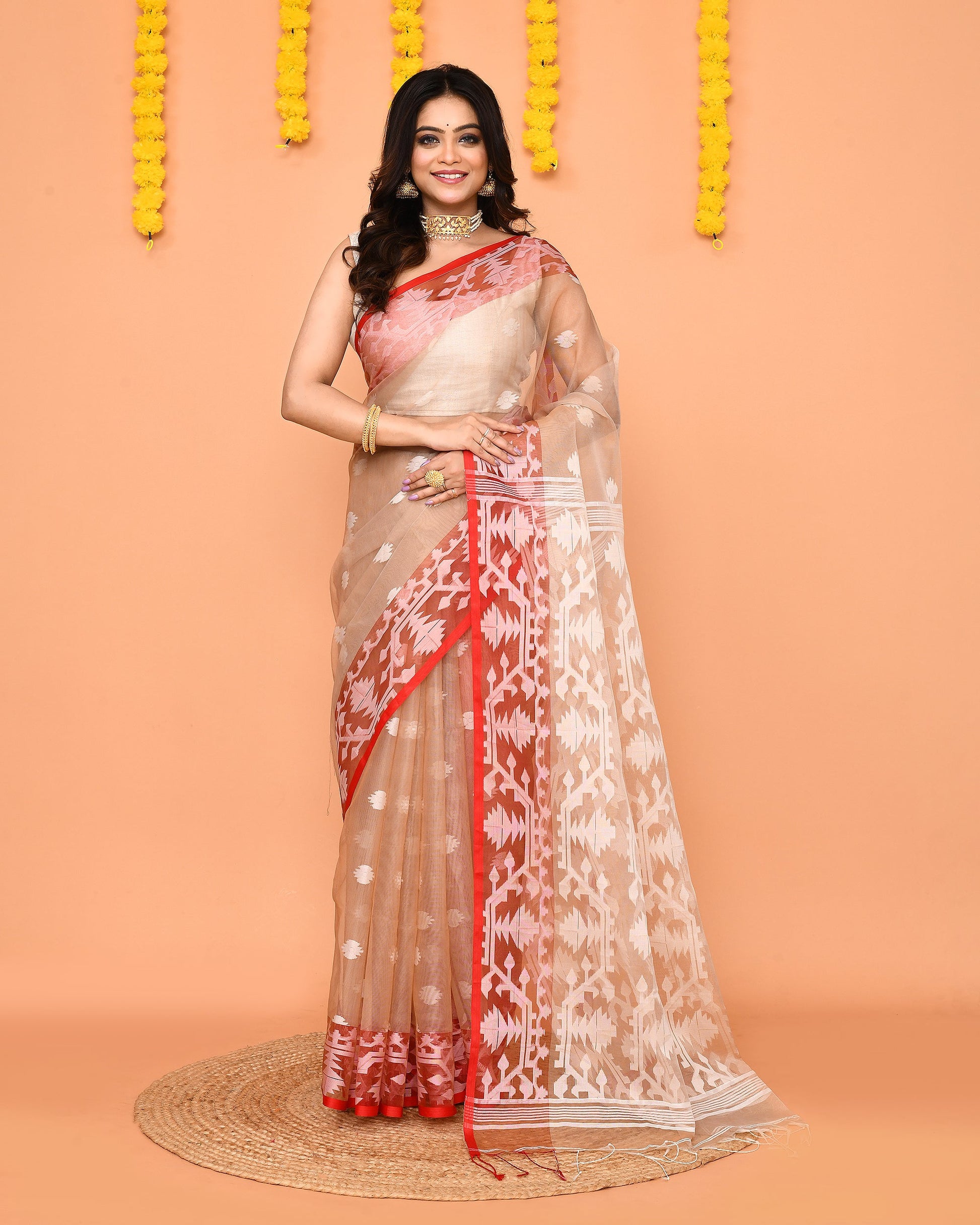 Piyari Fashion Women's Tan Resham Silk Jamdani Saree