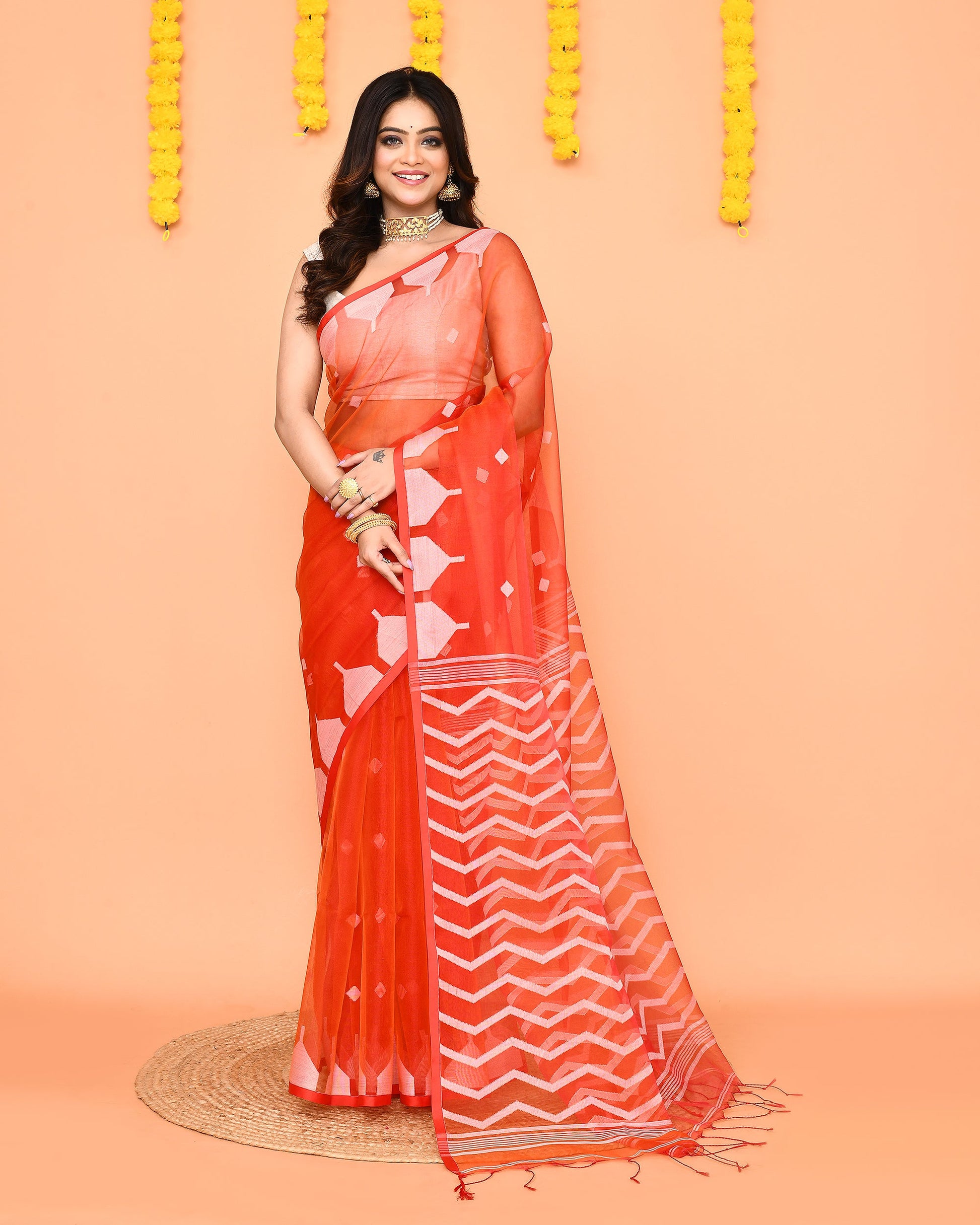 Piyari Fashion Women's Orange Resham Silk Jamdani Saree