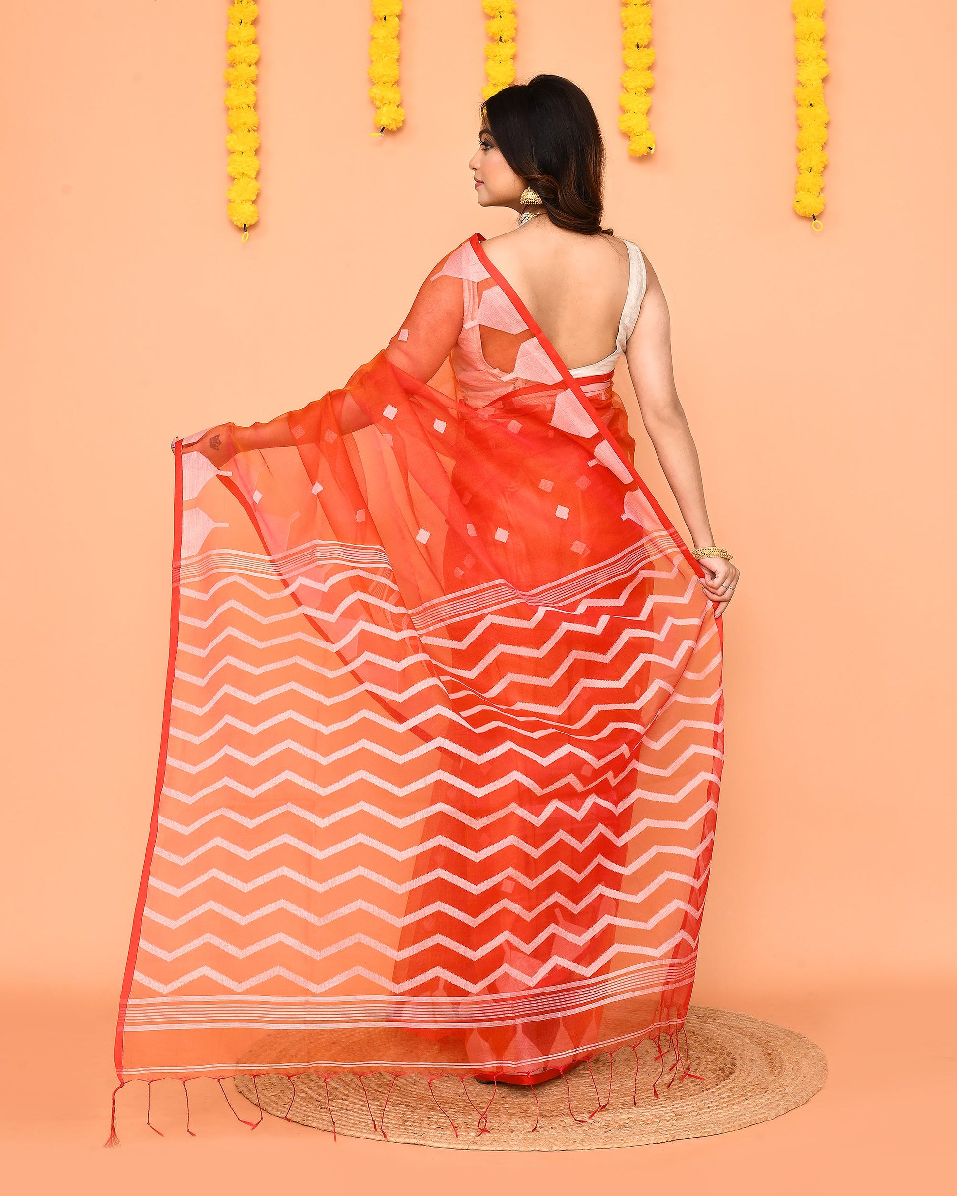 Piyari Fashion Women's Orange Resham Silk Jamdani Saree
