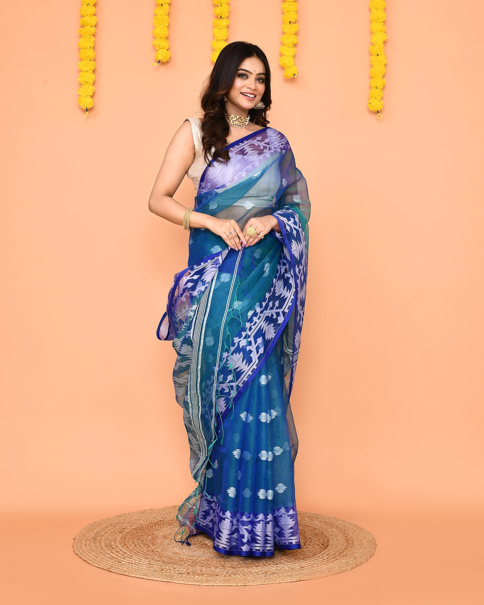 Piyari Fashion Women's Blue Resham Silk Jamdani Saree