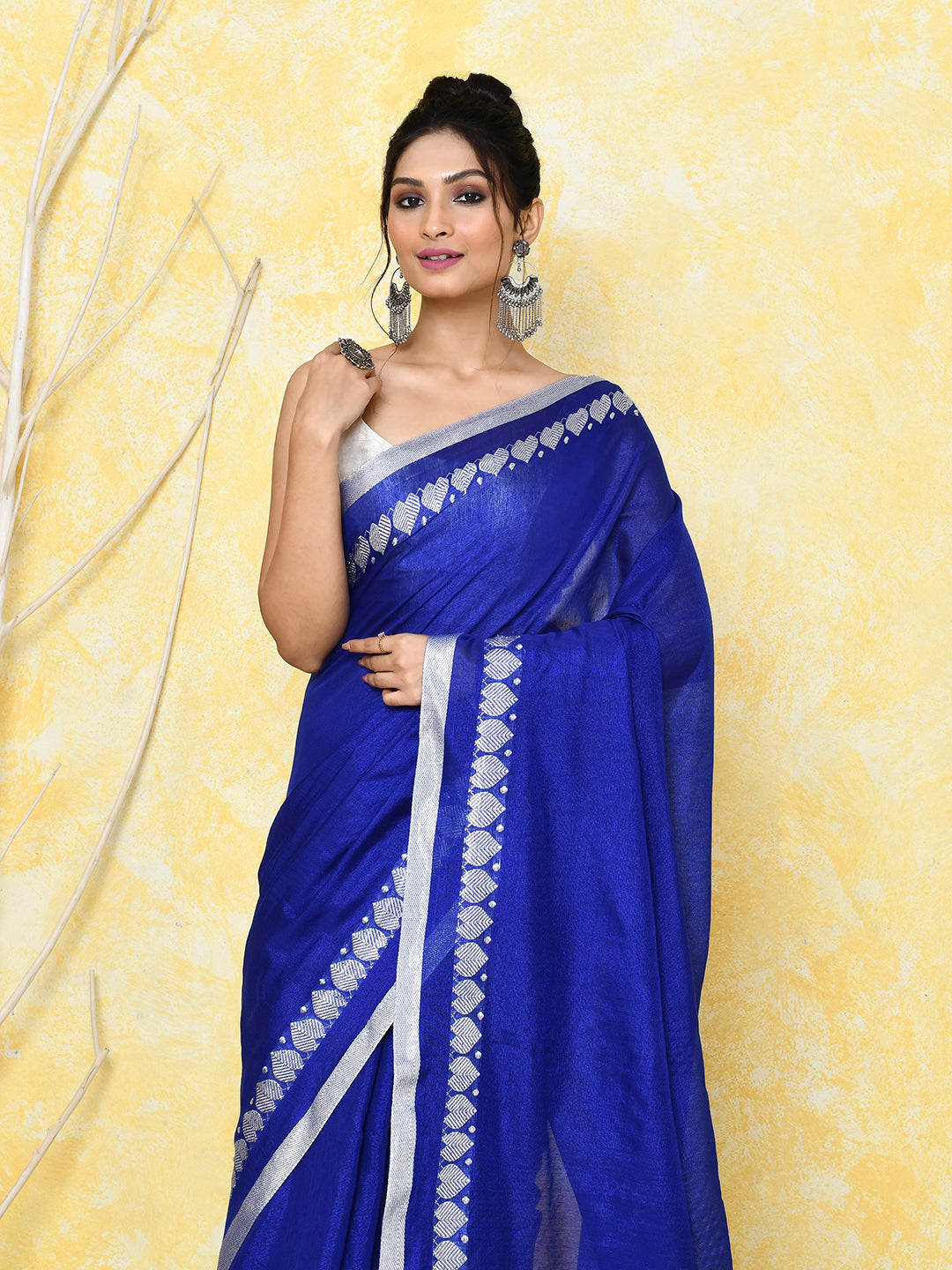 Piyari Fashion Women's Love Border Royal Blue Tissue Saree With Blouse Piece