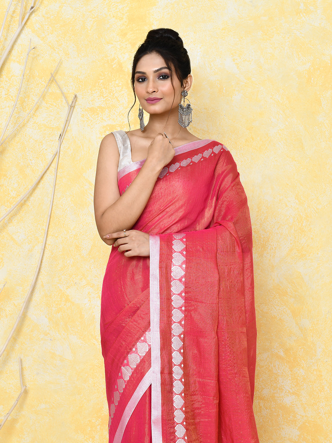 Piyari Fashion Women's Love Border Tomato Red Tissue Saree With Blouse Piece