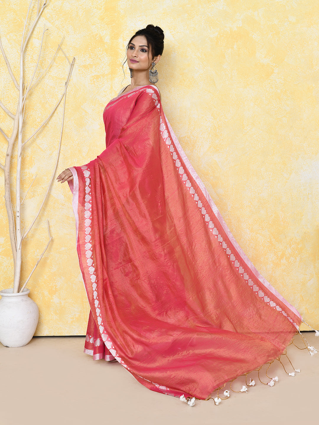 Piyari Fashion Women's Love Border Tomato Red Tissue Saree With Blouse Piece