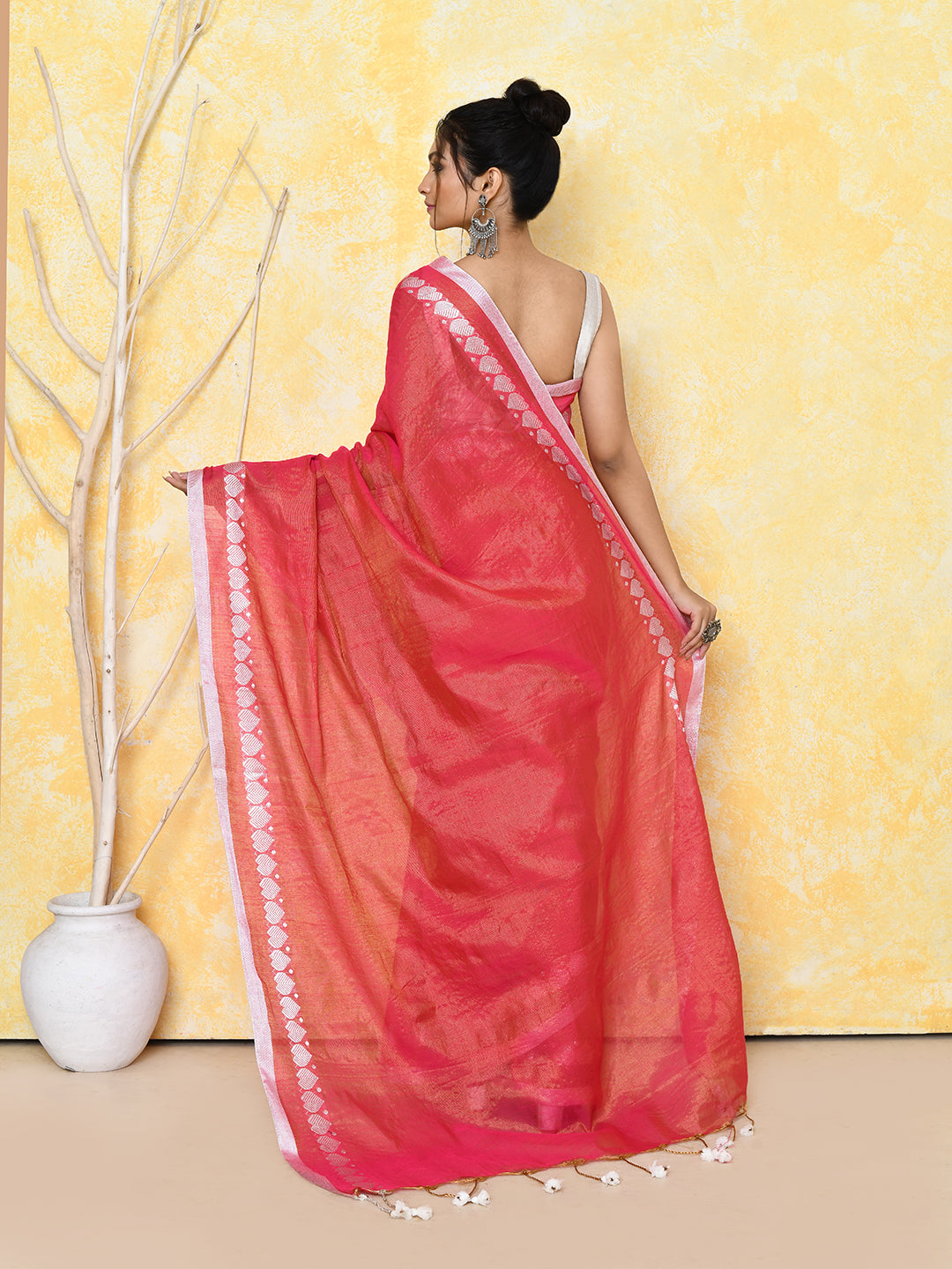 Piyari Fashion Women's Love Border Tomato Red Tissue Saree With Blouse Piece