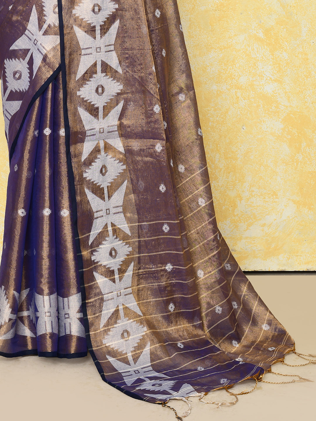 Piyari Fashion Women's Gold Blue Dual Tone Organic Tissue Jamdani Saree With Blouse Piece