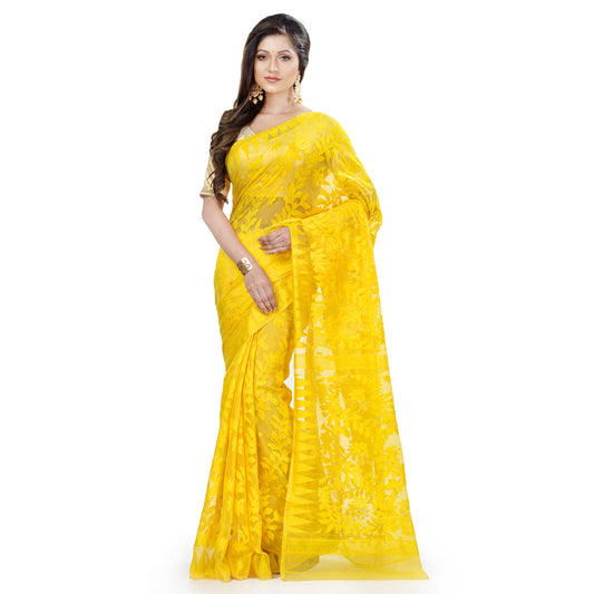 Piyari Fashion Cotton Blend Handloom Yellow Jamdani Saree