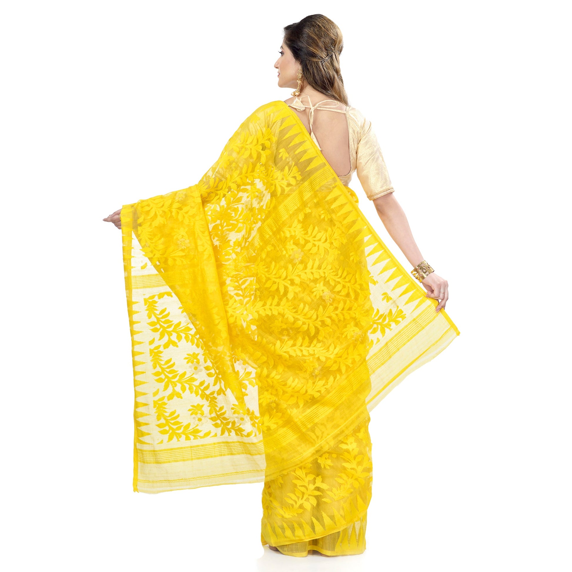 Piyari Fashion Cotton Blend Handloom Yellow Jamdani Saree