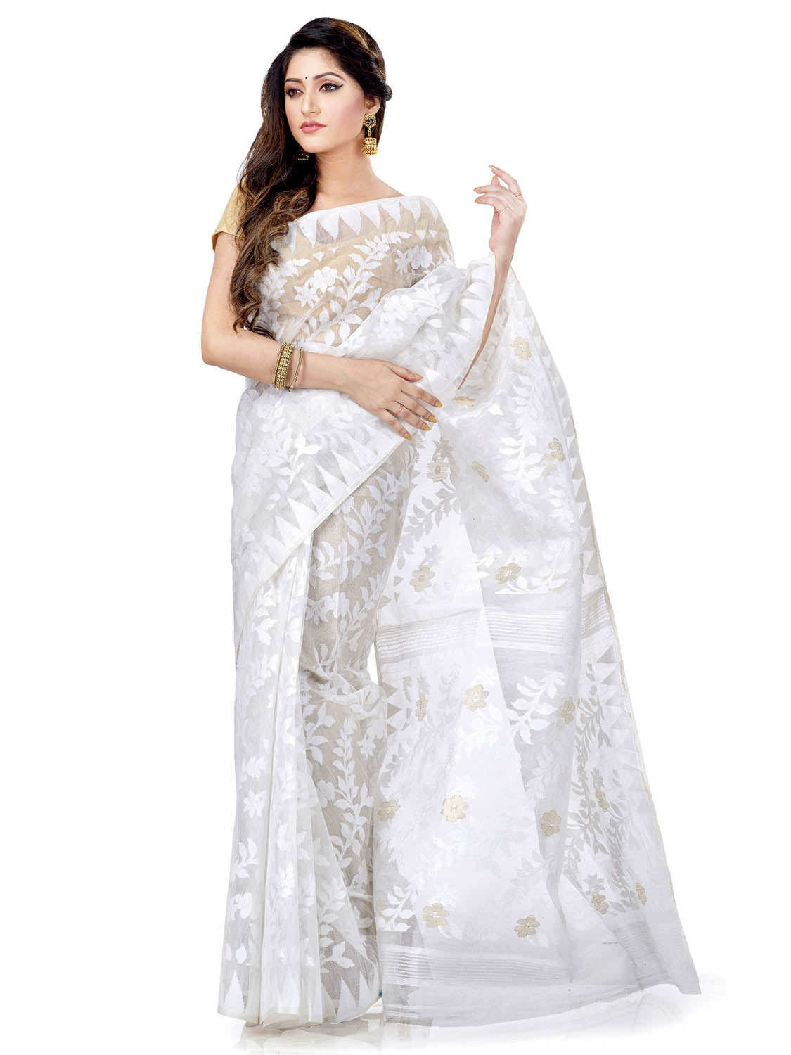 Piyari Fashion Cotton Blend Handloom White Jamdani Saree