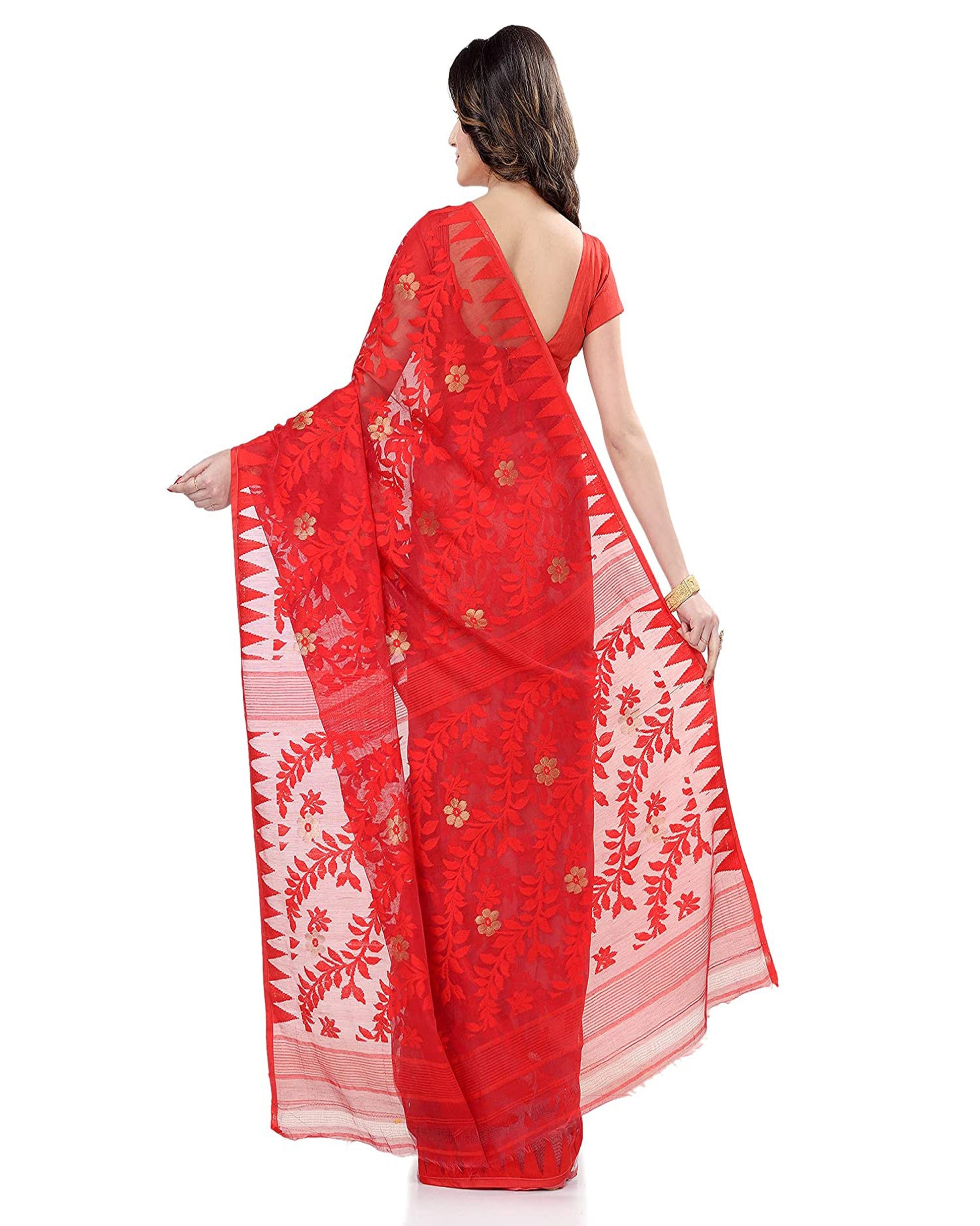 Piyari Fashion Cotton Blend Handloom Red White Jamdani Saree