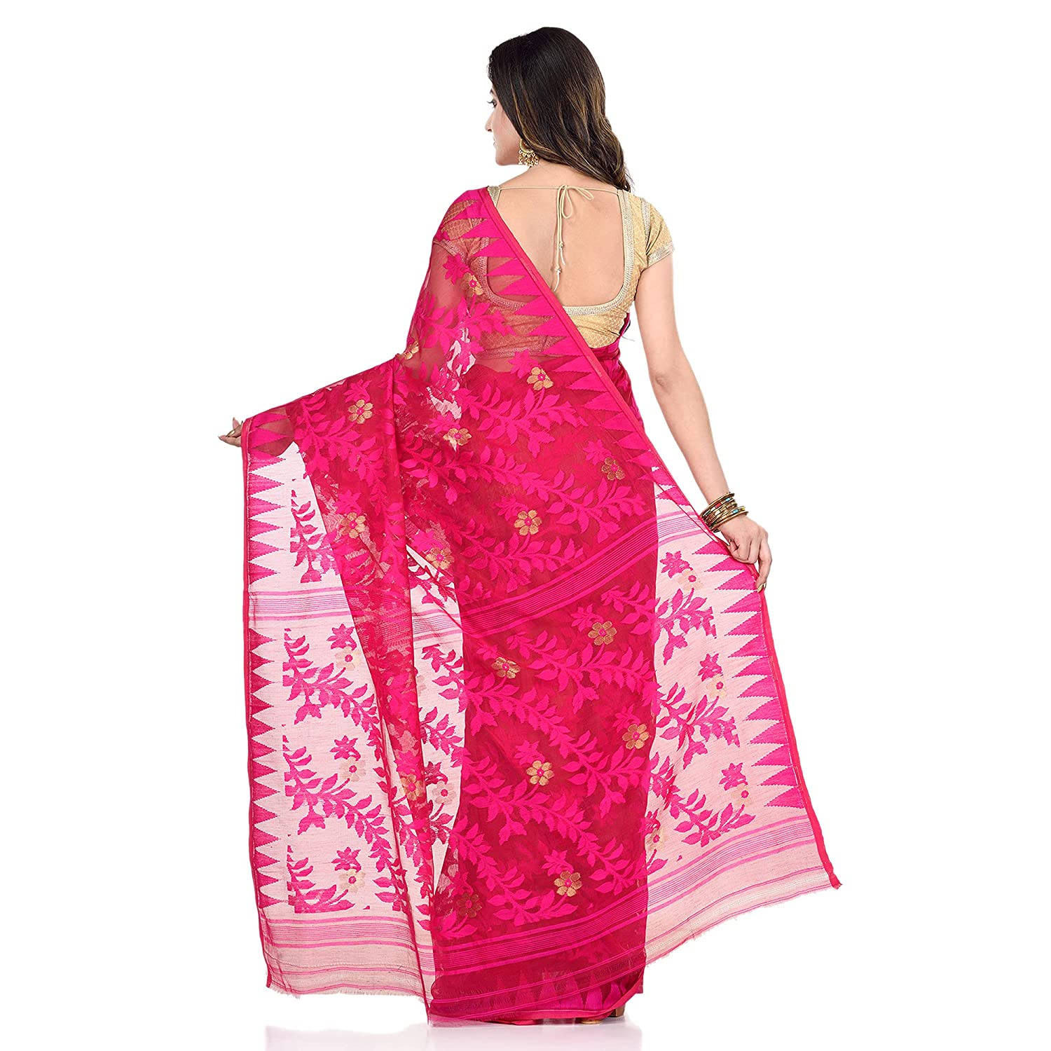 Piyari Fashion Cotton Blend Handloom Pink Jamdani Saree