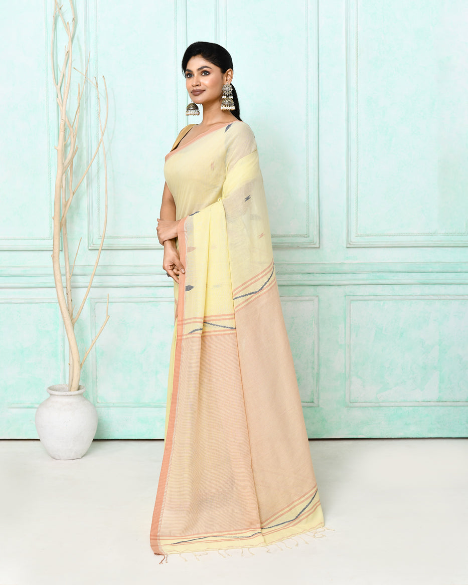 Piyari Fashion Women's Cream Cotton Handloom Jamdani Saree With Blouse