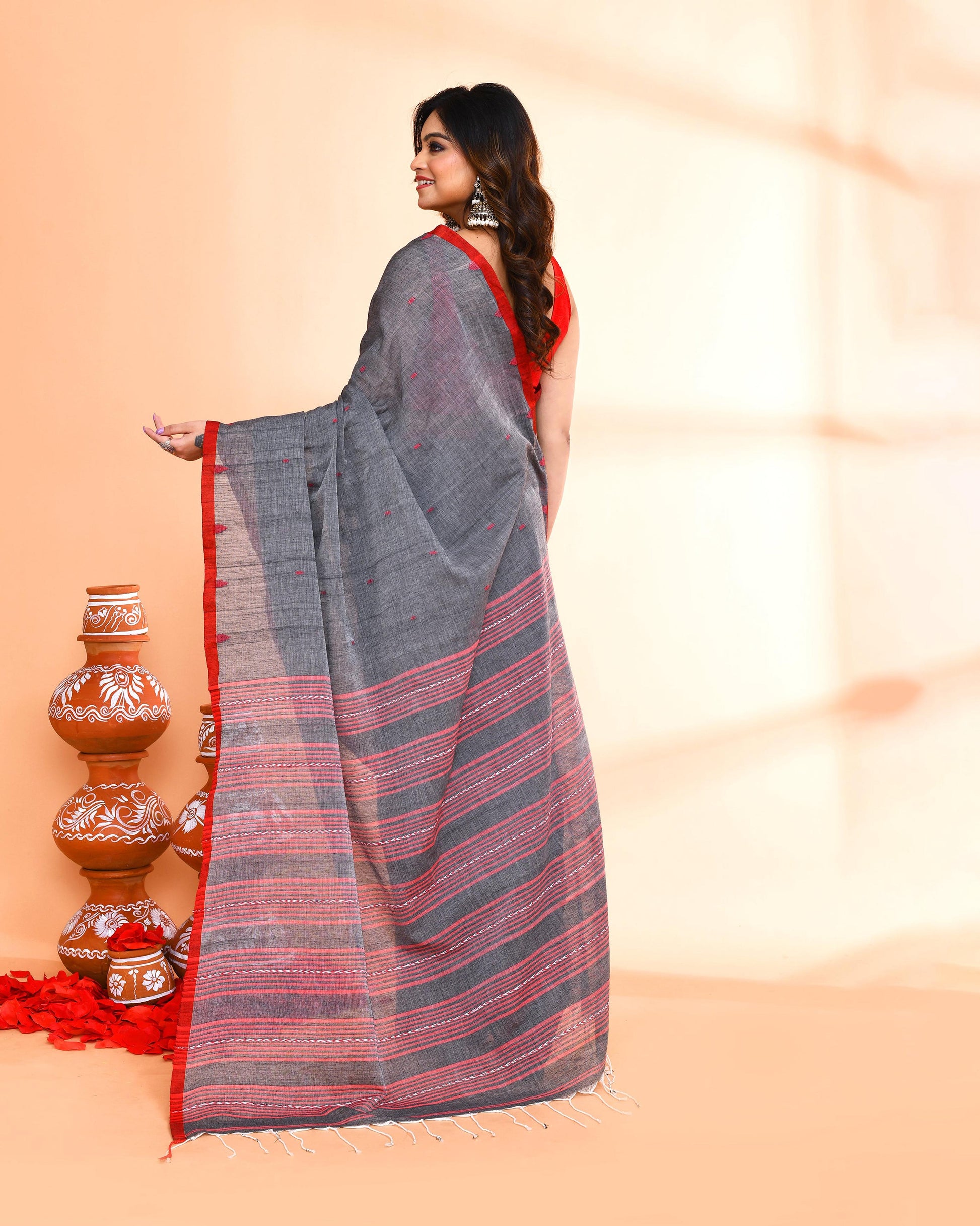 Piyari Fashion Women`s Grey Hand Work Cotton Saree With Blouse