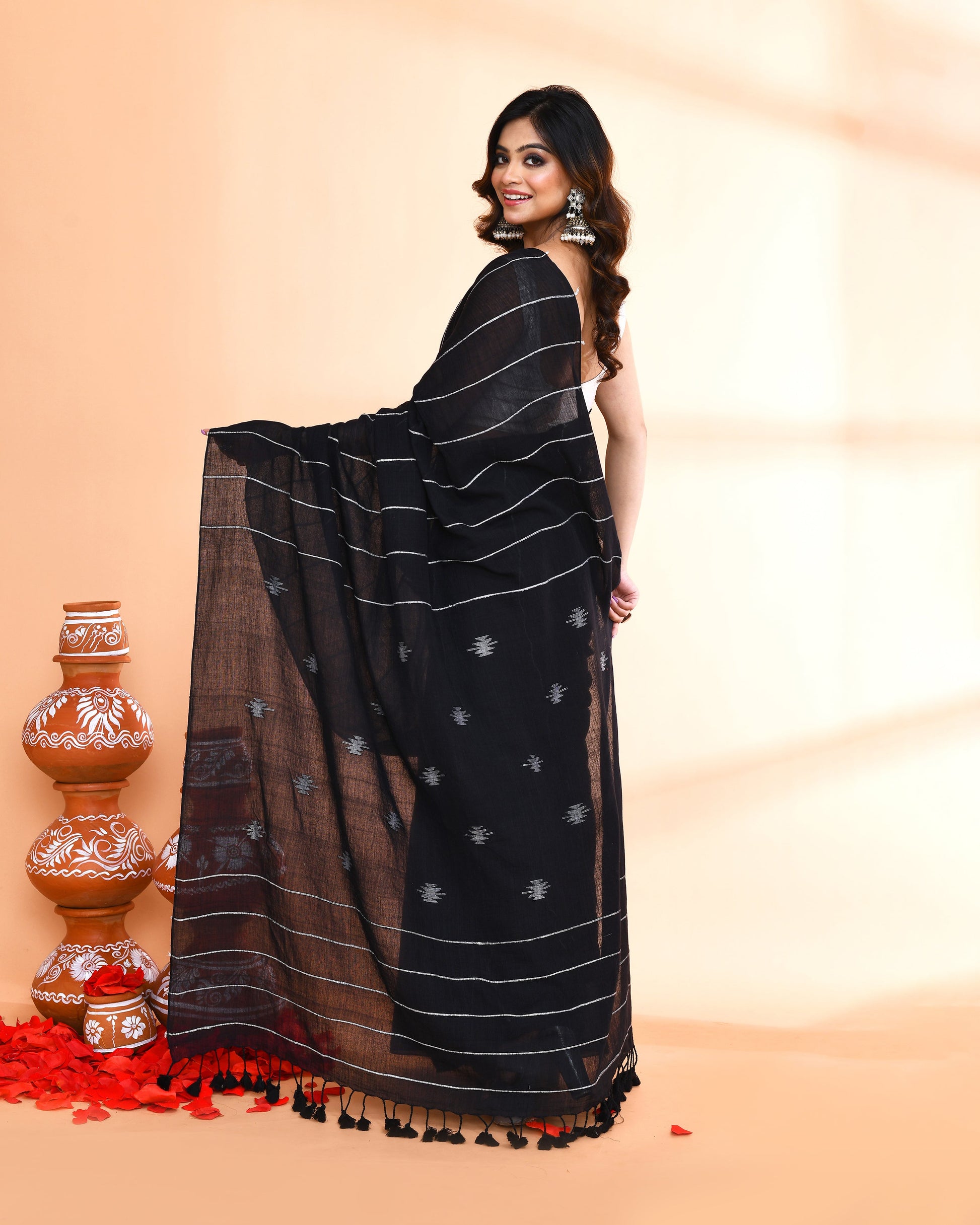 Piyari Fashion Women`s Black Hand Work Cotton Jamdani Saree With Blouse