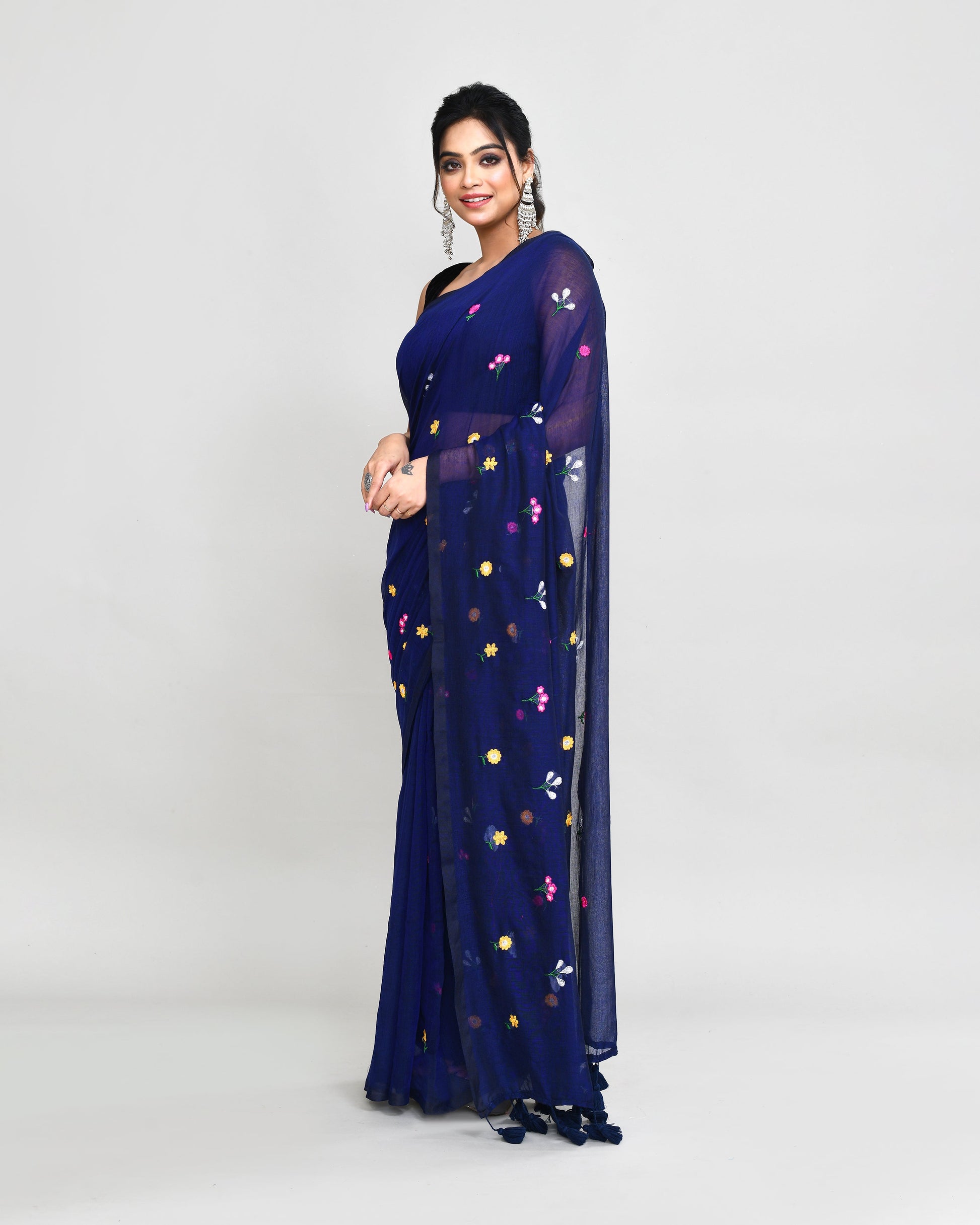 Piyari Fashion Women's Blue Exclusive Embroidery Saree With Tassels