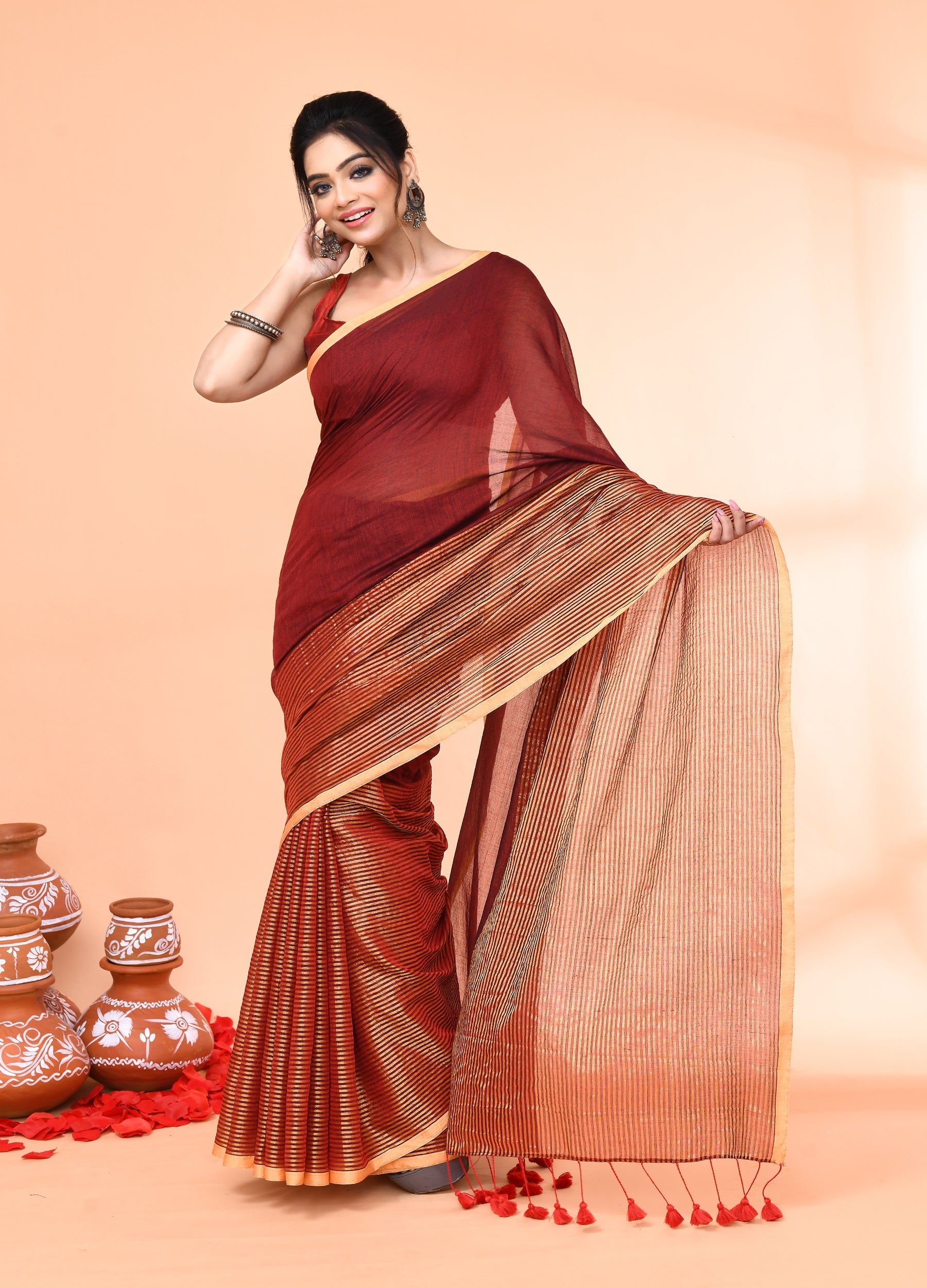 Piyari Fashion Women`s Maroon Cotton Handloom Saree With Gold Zari Stripes