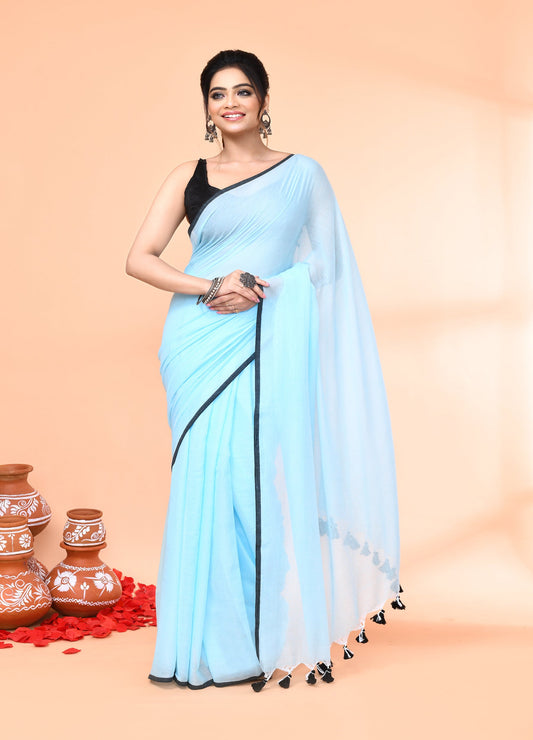 Piyari Fashion Aqua Blue Mulmul Cotton Saree With Tassels
