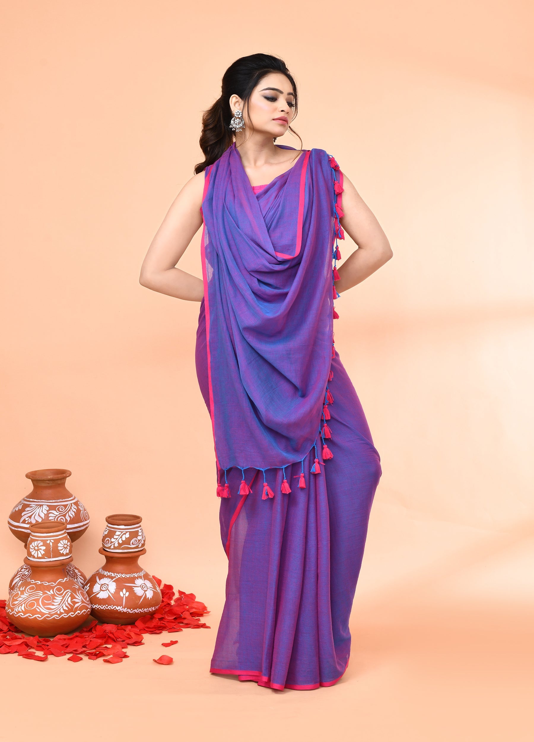 Piyari Fashion Vivid Indigo Mulmul Cotton Saree With Tassels