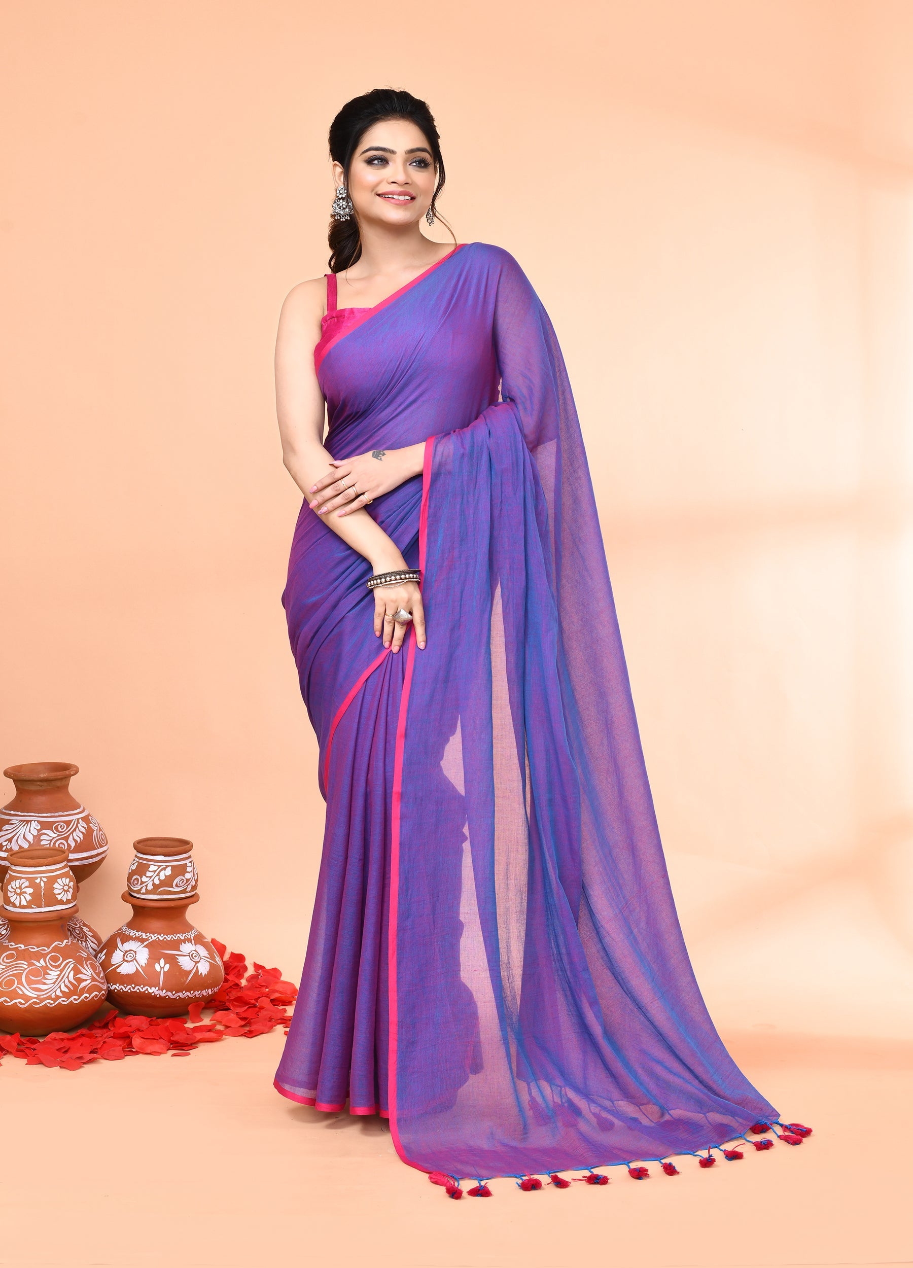 Piyari Fashion Vivid Indigo Mulmul Cotton Saree With Tassels
